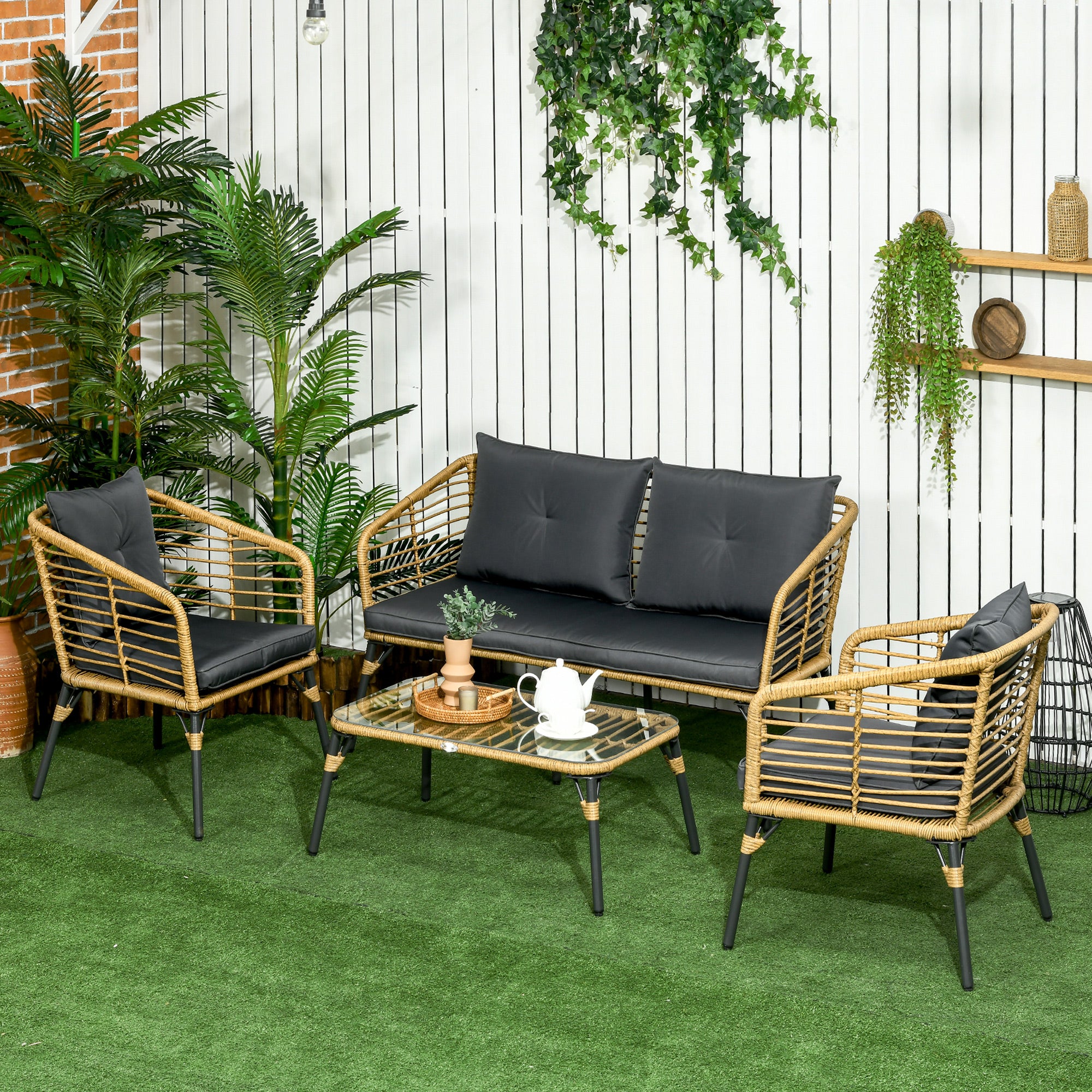 Outsunny Gartenmöbel-Set für 4 Personen, Rattan Sitzgarnitur mit Kissen, Balkonmöbel im Boho-Stil, Sand+Dunkelgrau