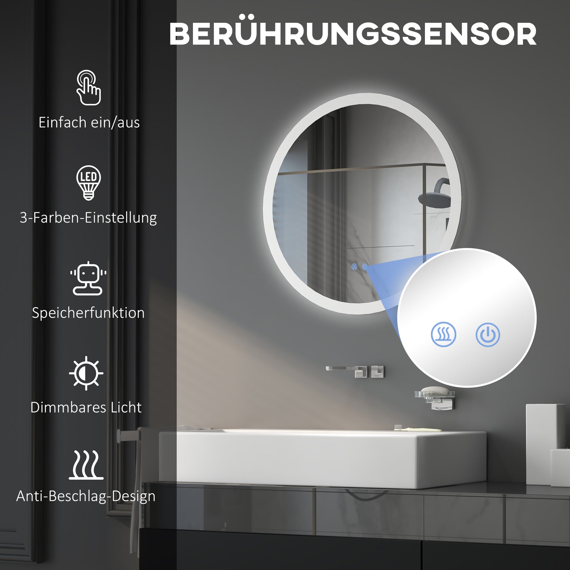 kleankin LED Badspiegel, einstellbare Helligkeit, Entnebelung, Touch, IP44, Metall/Glas, Ø60 cm, Weiß/Silber