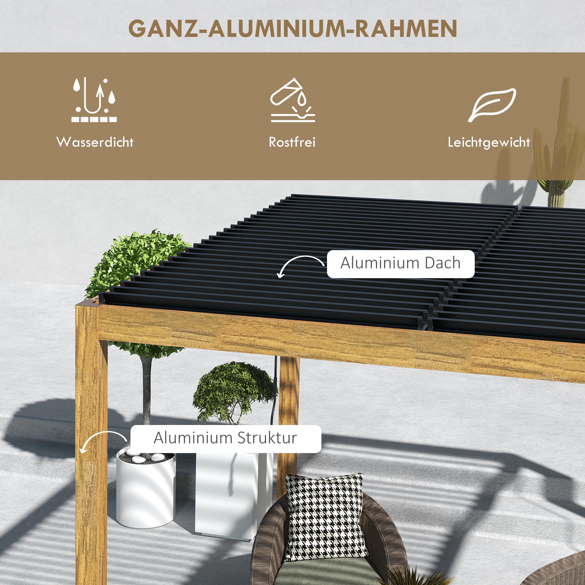 Outsunny Pergola Gartenzelt, wetterbeständig, Handkurbel, Aluminium, 3x3m, Schwarz/Natur