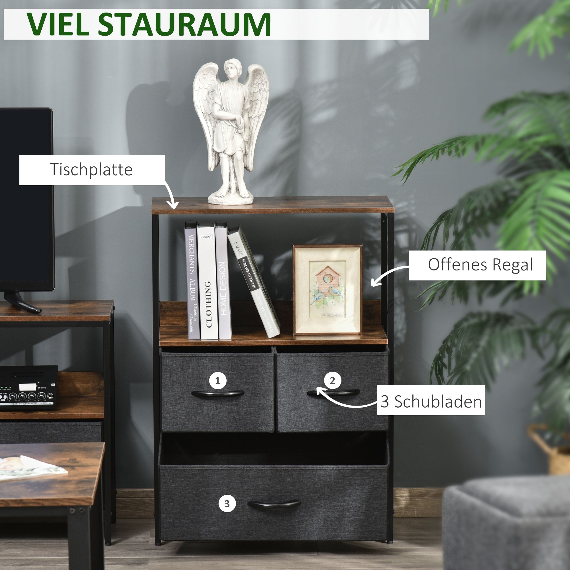 HOMCOM Kommode mit 3 Schubladen aus Leinen Aufbewahrungsschrank mit Ablage Griffen Schwarz