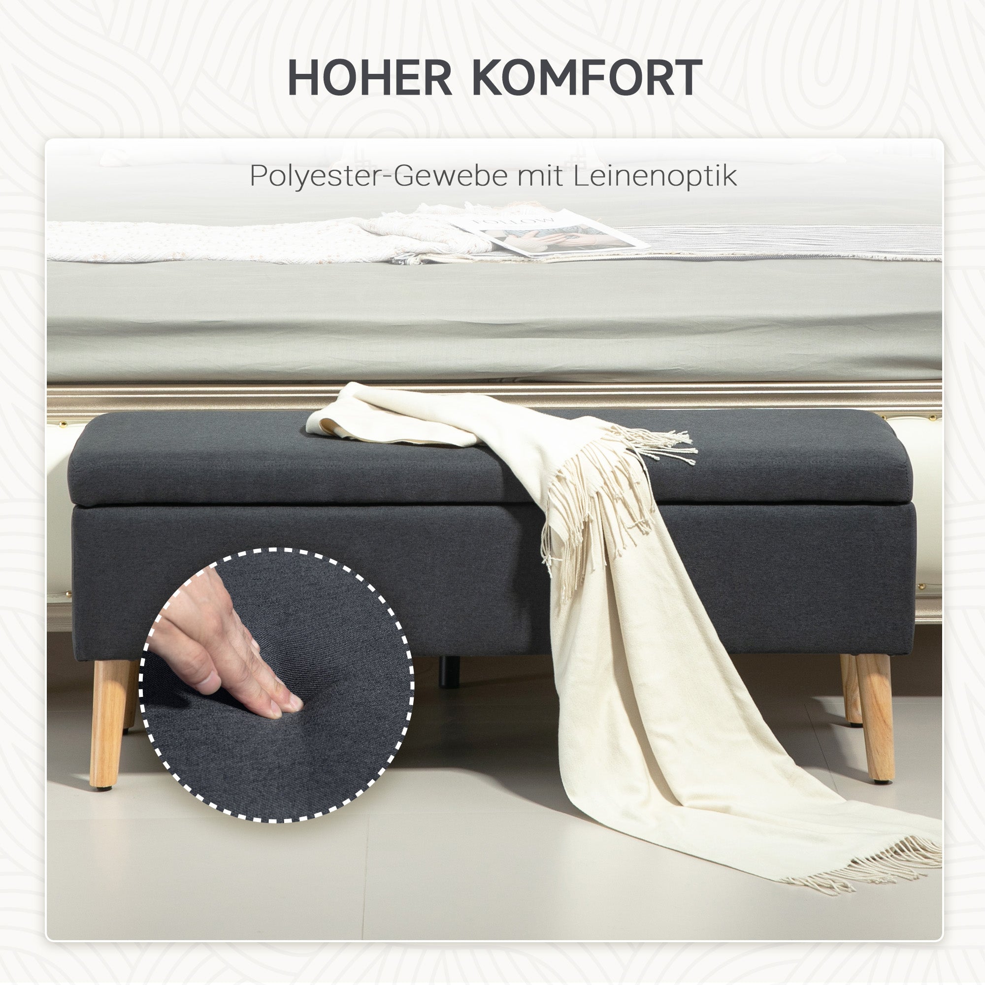 HOMCOM Polsterbank mit Stauraum, Bettbank in Leinenoptik, Kautschukholz, 110 x 39 x 45 cm, Dunkelgrau