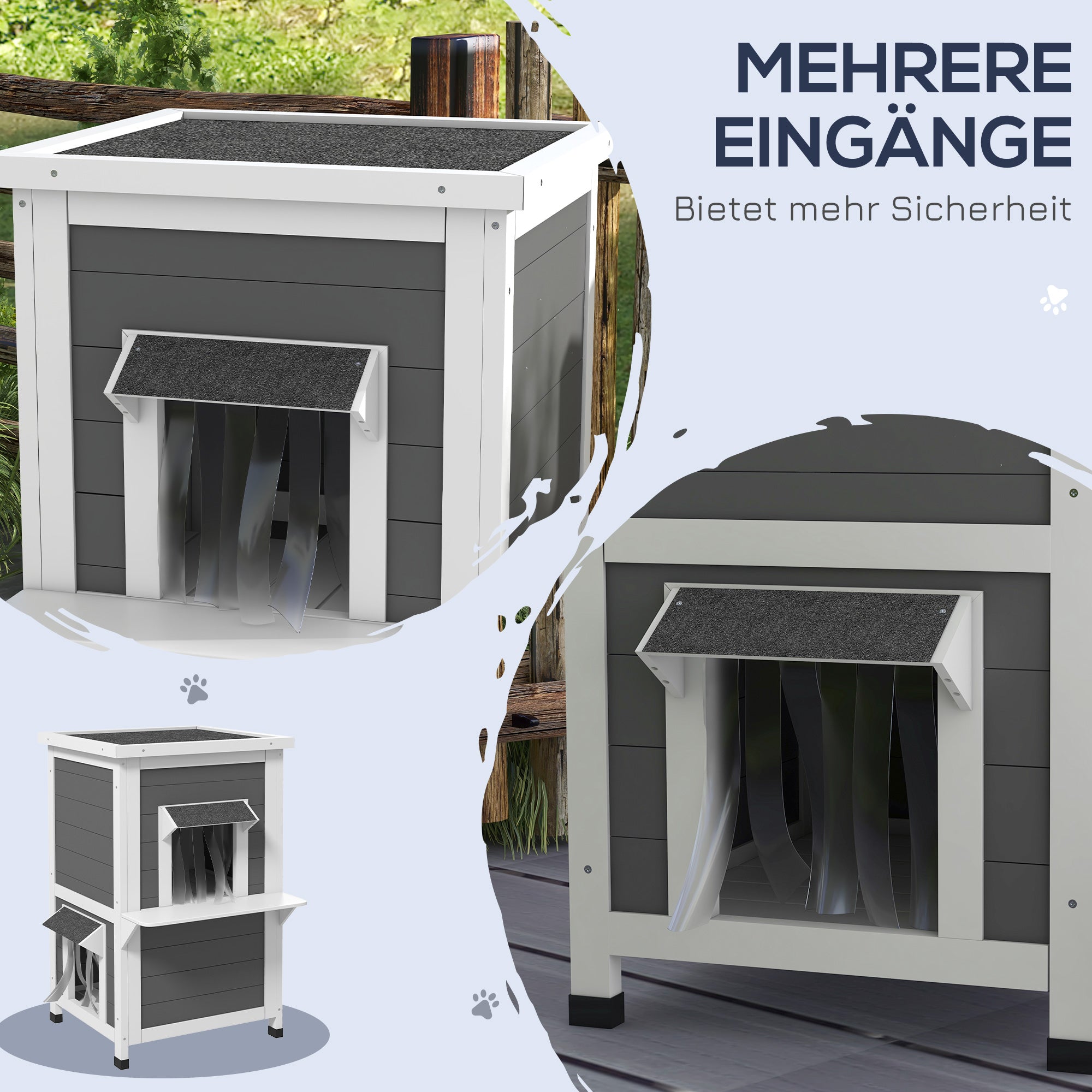 PawHut Katzenhaus, Katzenhütte, Outdoor, Wetterbeständig, 60 cm x 60 cm x 81.5cm, Weiß + Grau