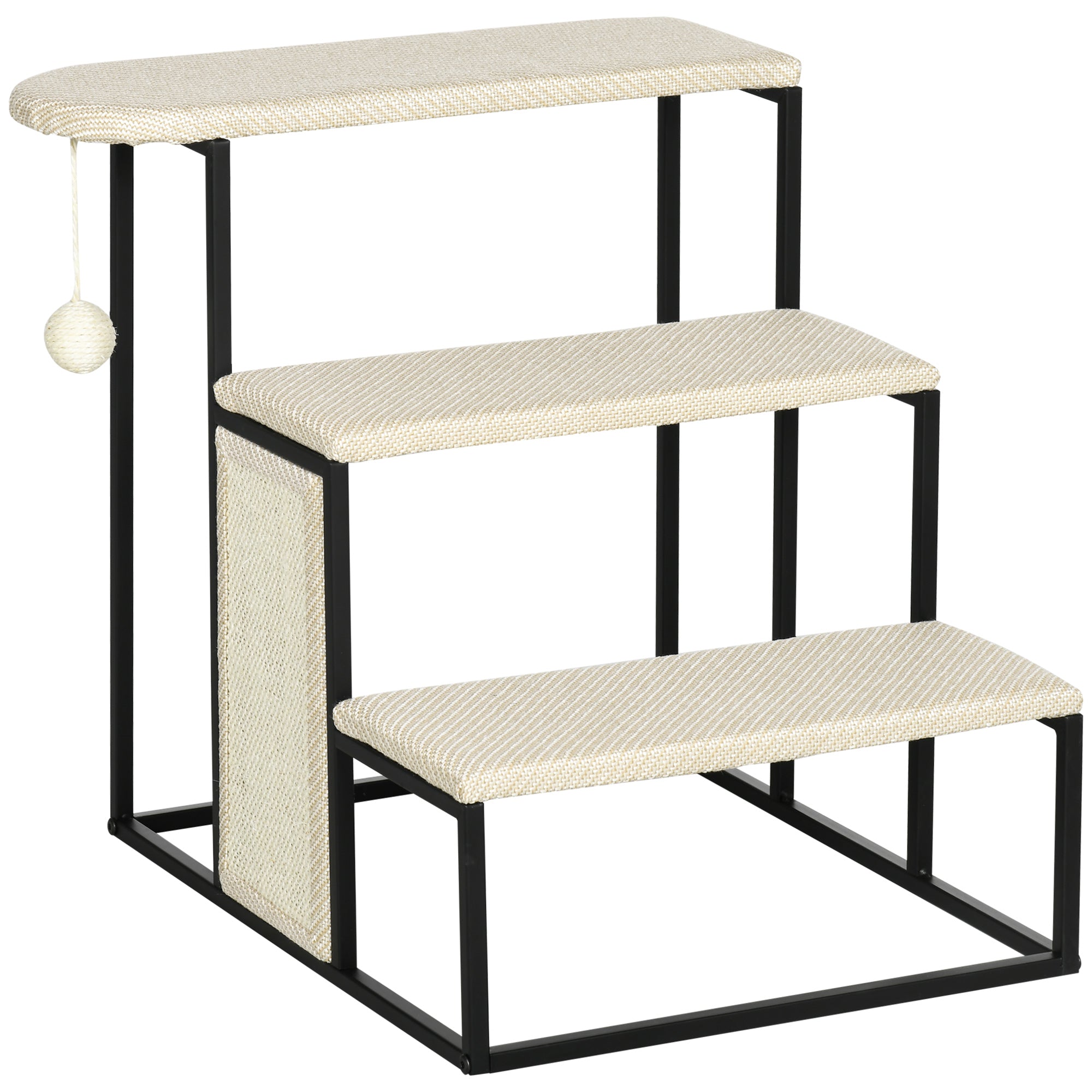 PawHut Katzentreppe, mit Kratzbrett, 3 Stufen, Spielball, robust, Stahl+Sisal, cremeweiß+schwarz, 51 x 54 x 53cm