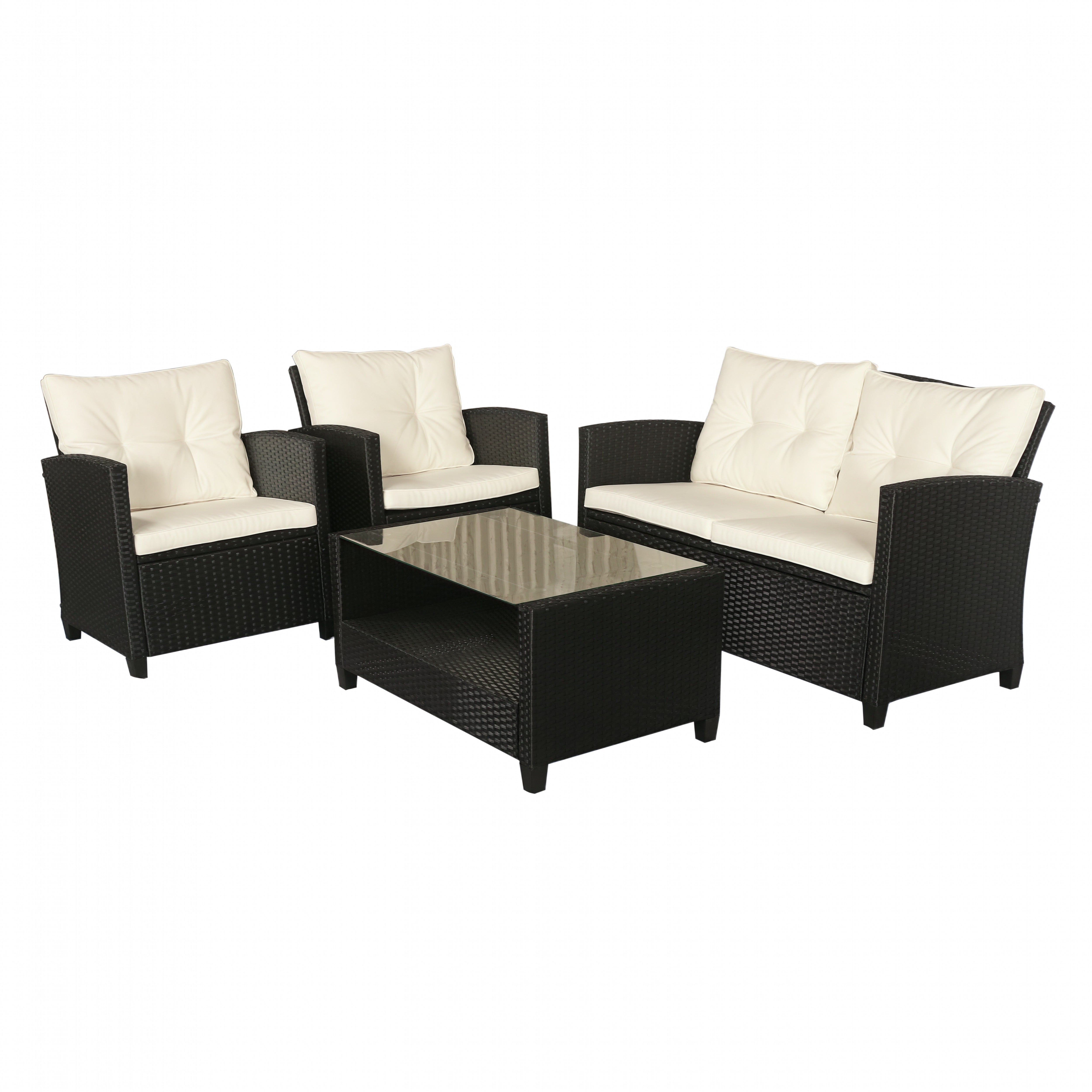 Outsunny Gartenmöbel-Set, 4-tlg., 3 Sofas, Beistelltisch, Sitzkissen, Alurahmen, Kunstrattan, Schwarz