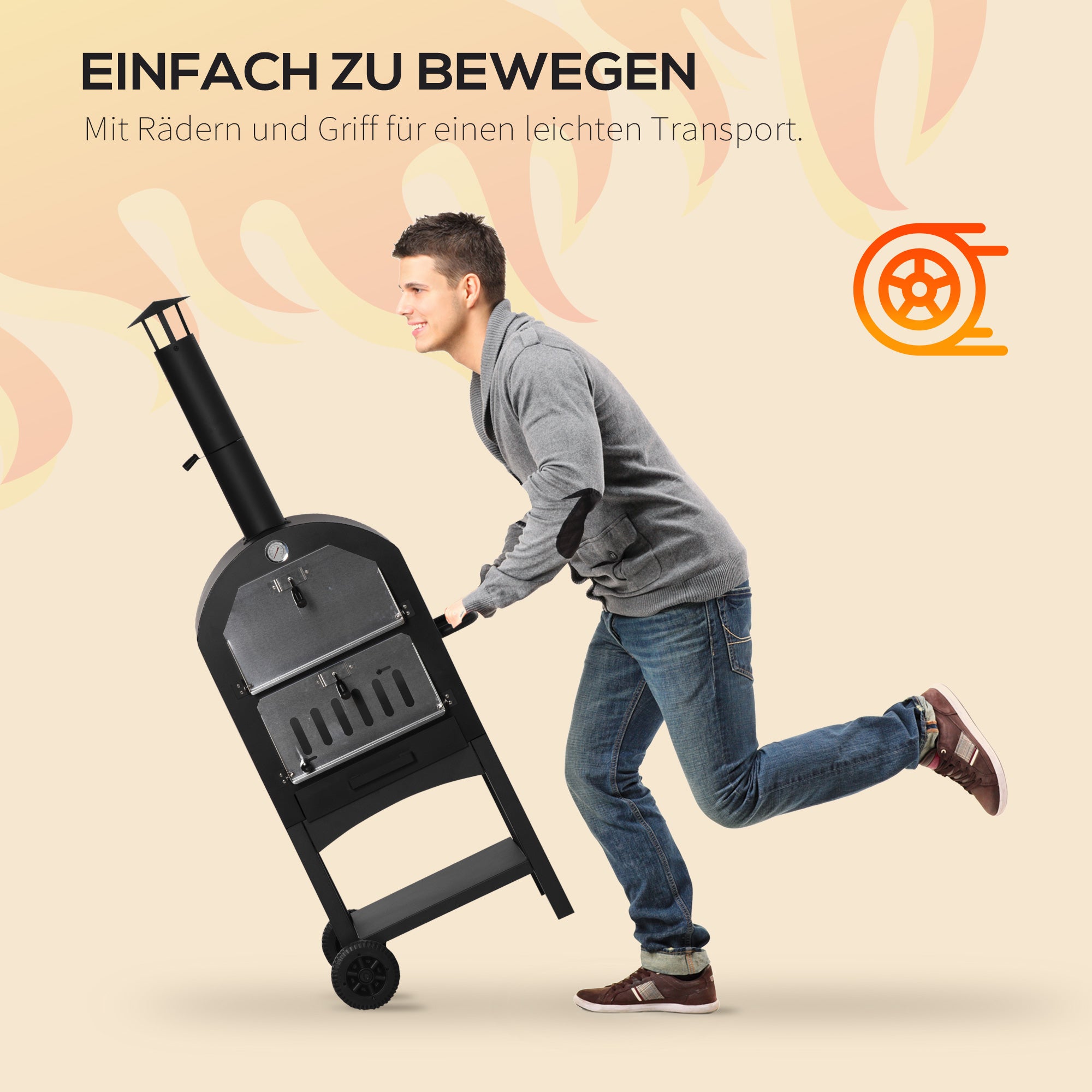 Outsunny 2-In-1 Pizzaofen Outdoor mit Rollen Grillofen mit Schutzhülle Pizzaschaufel 2 Grillnetzen Grillwagen mit Schornstein 3-Tier Holzbackofen für BBQ Stahl Schwarz+Silber 63 x 54 x 161 cm