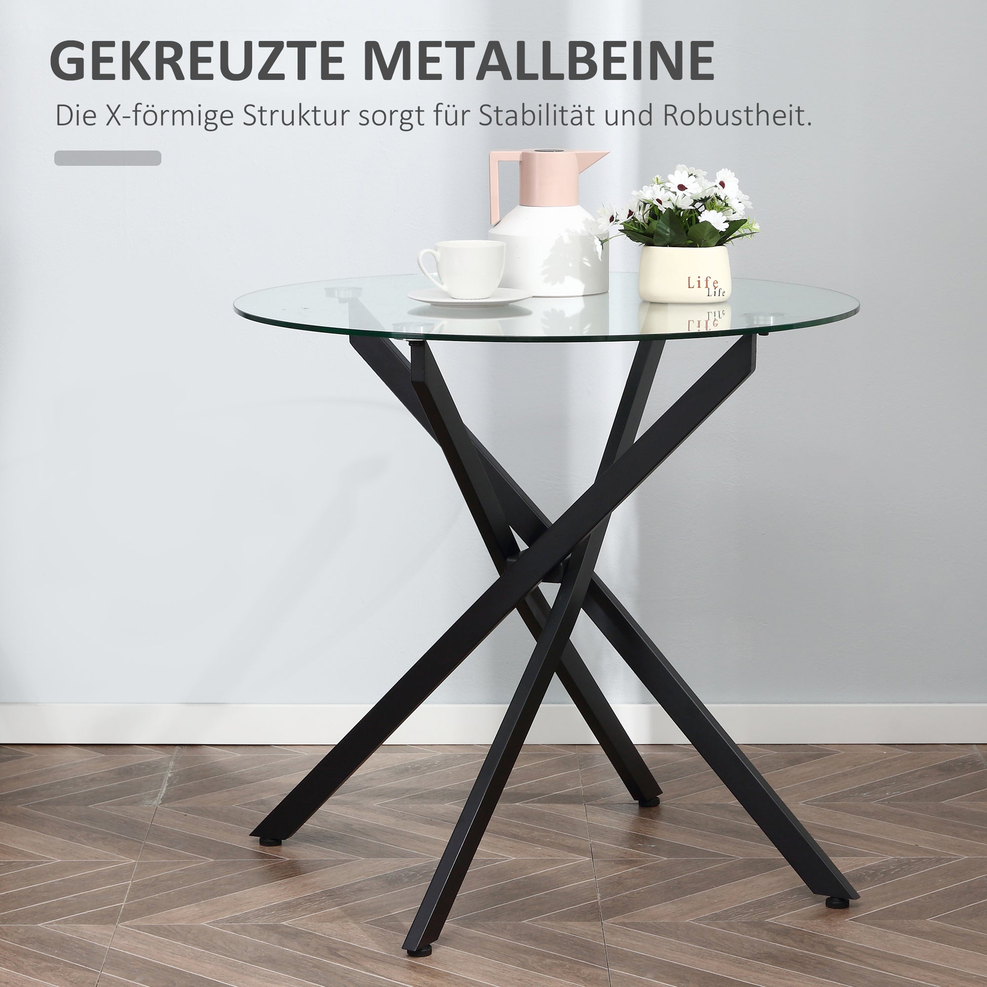 HOMCOM Moderner Glas-Esstisch, 80 cm Durchmesser, Küchentisch mit gehärteter Glasplatte und Metallbeinen, für 4 Personen