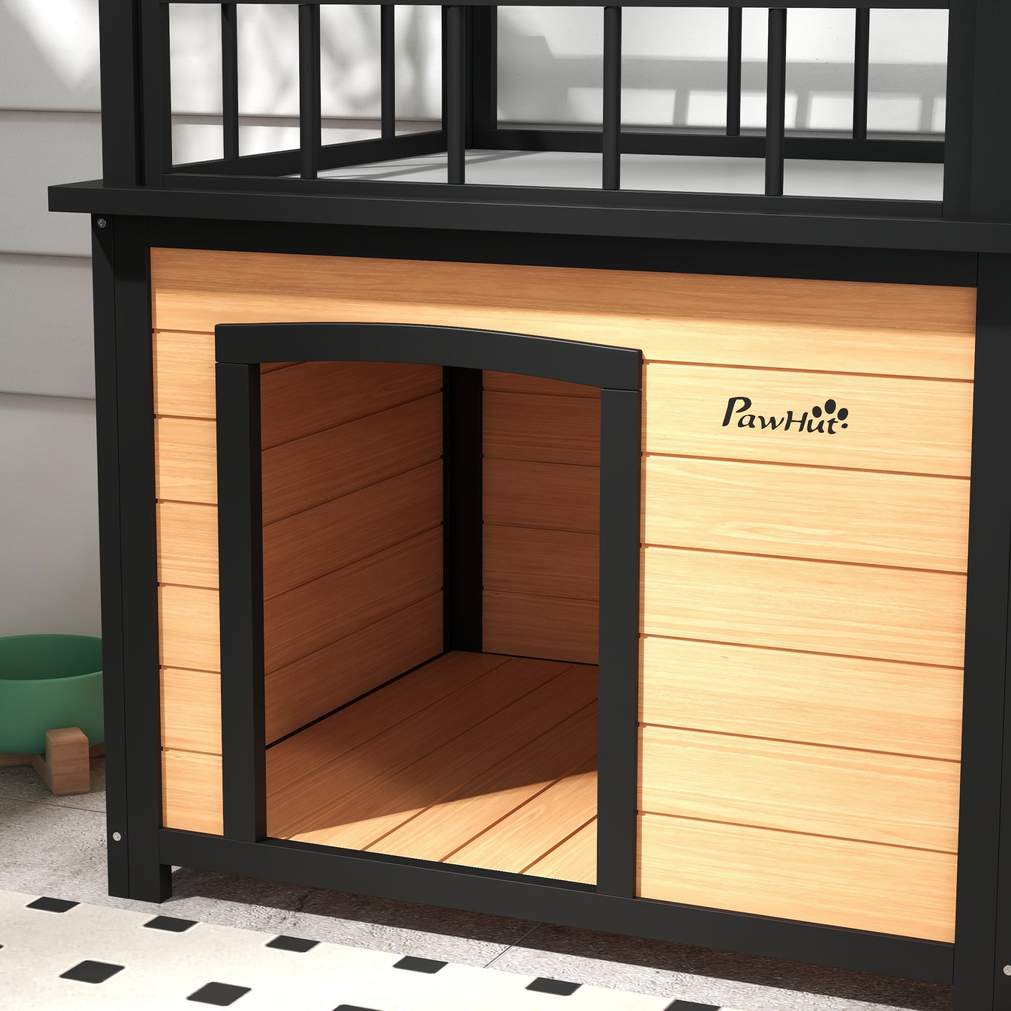 PawHut Hundehütte mit Dachterrasse, wetterfest, Holz, 121x77x78cm, Schwarz/Gelb