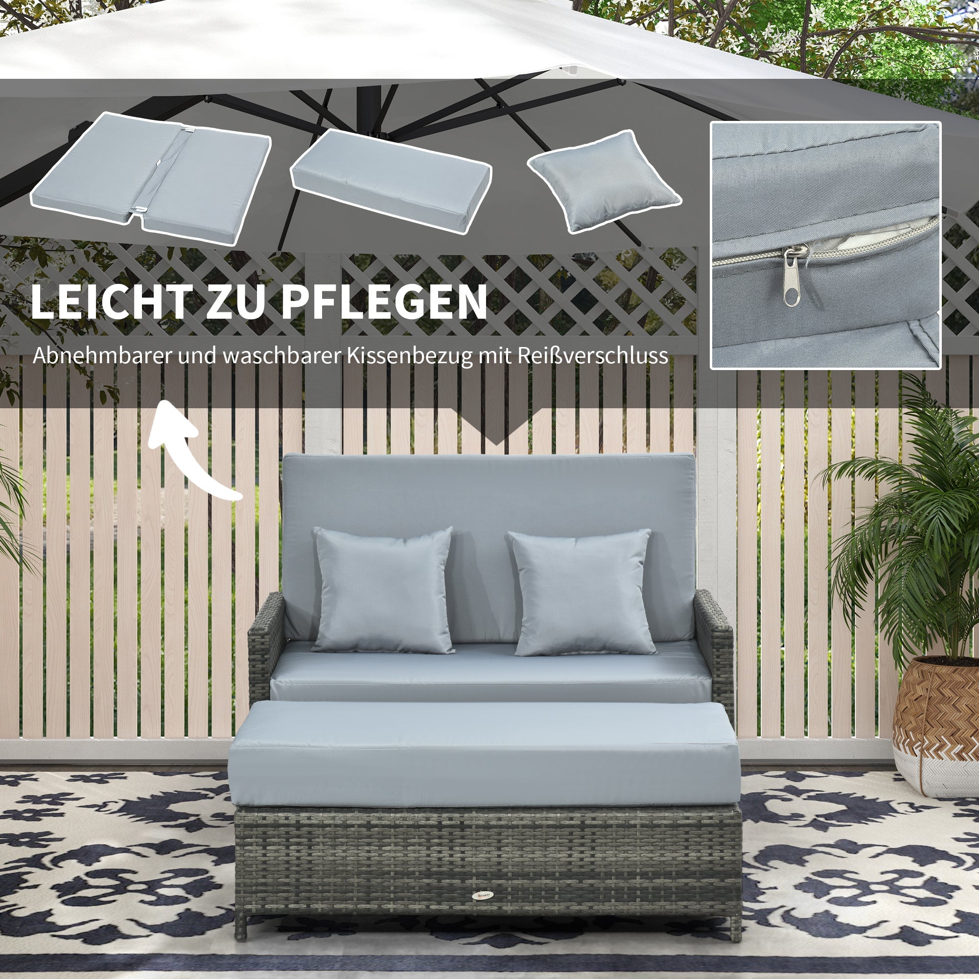 Outsunny Gartensofa mit Liegefunktion, ausfahrbare Fußbank mit Stauraum, Sitzkissen, grau, 130 x 72 x 96 cm