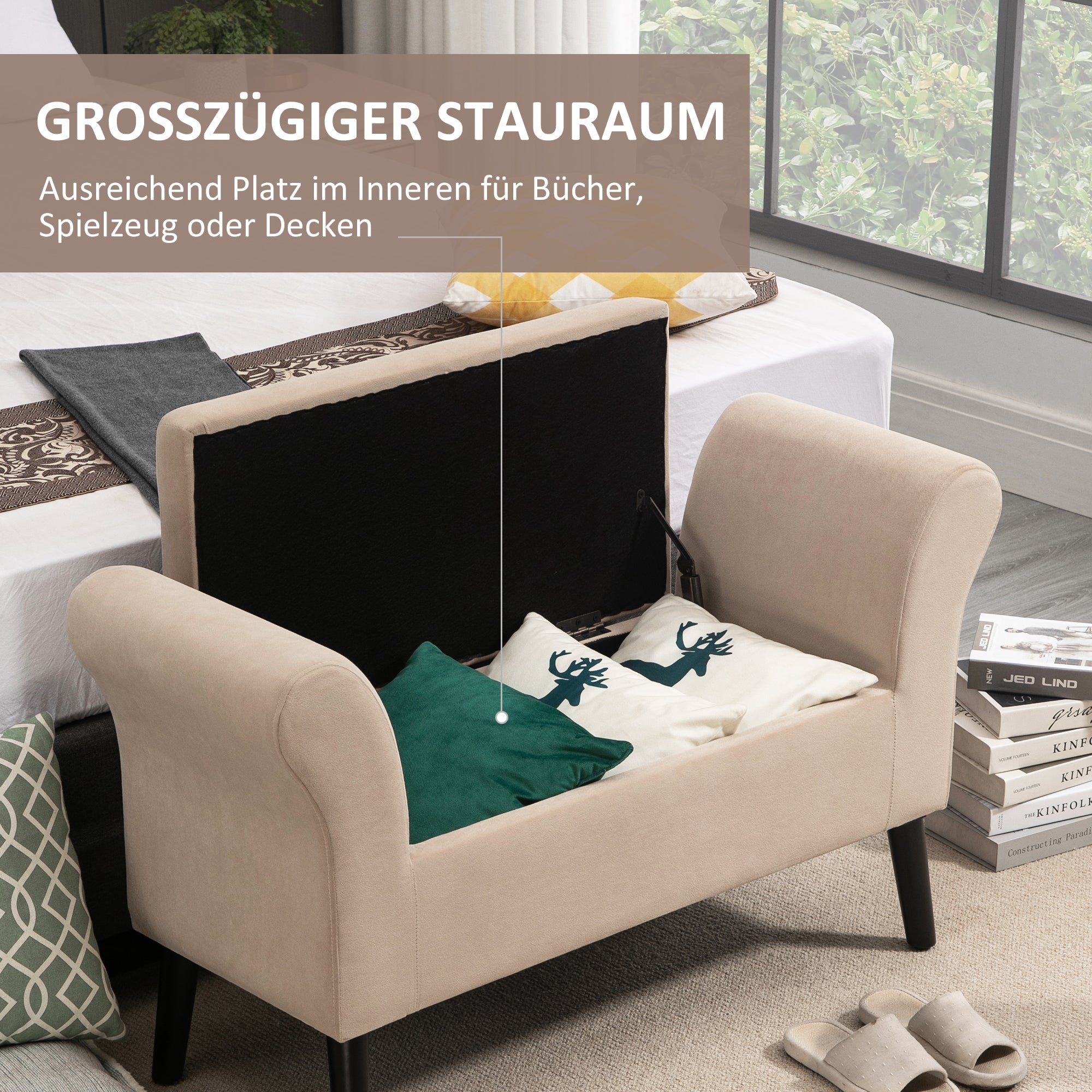 HOMCOM Polsterbank mit Stauraum, Truhenbank mit Armlehnen, 46 cm Sitzhöhe, samtartiges Polyester, 111,5 x 41 x 65 cm, Beige