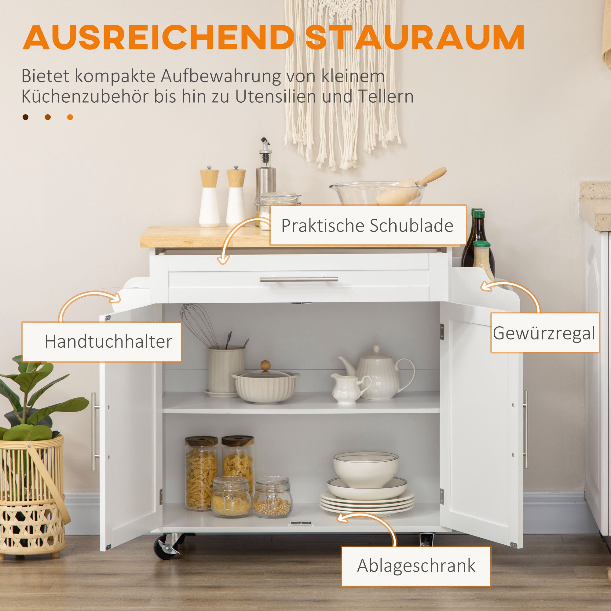 HOMCOM Küchenwagen Servierwagen Kücheninsel, 1 Gewürzregal, 1 Handtuchhalter, 109 cm x 40 cm x 89 cm, Weiß