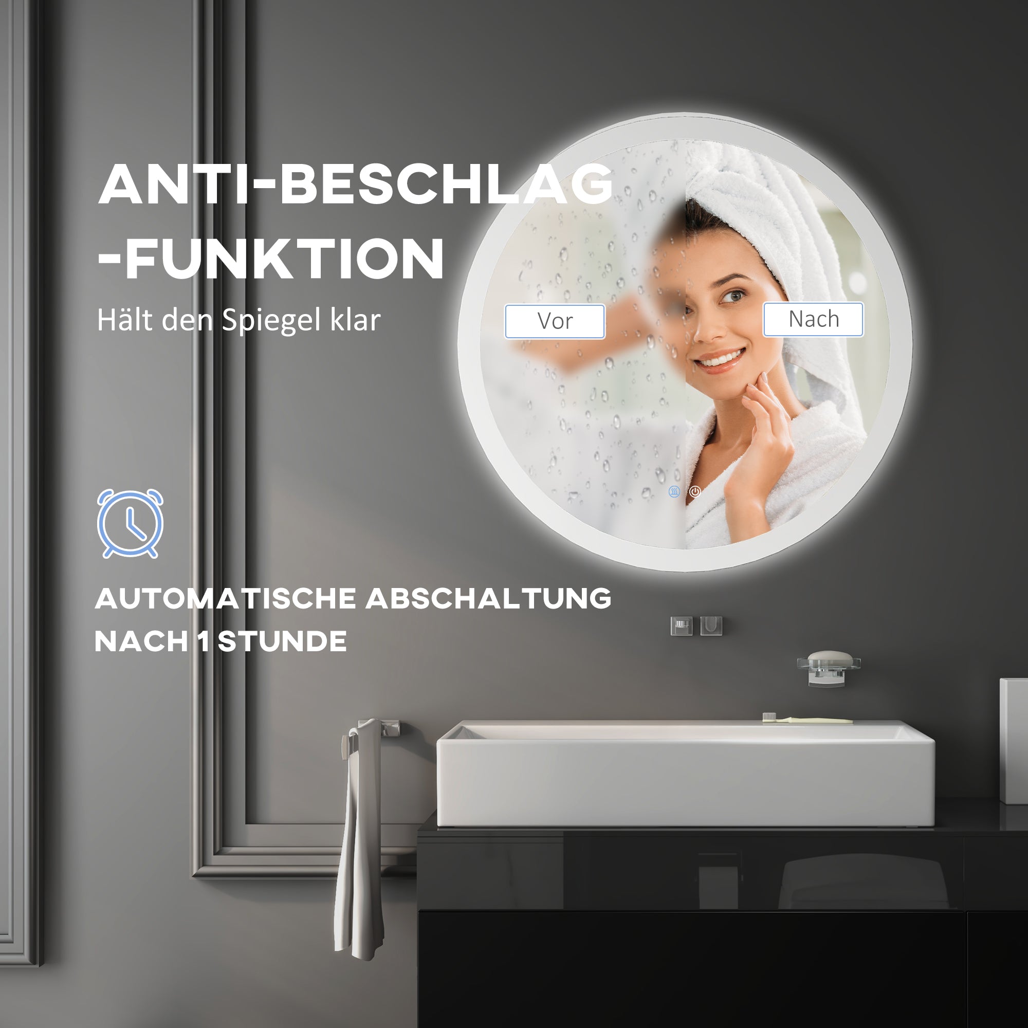 kleankin LED Badspiegel, einstellbare Helligkeit, Entnebelung, Touch, IP44, Metall/Glas, Ø60 cm, Weiß/Silber