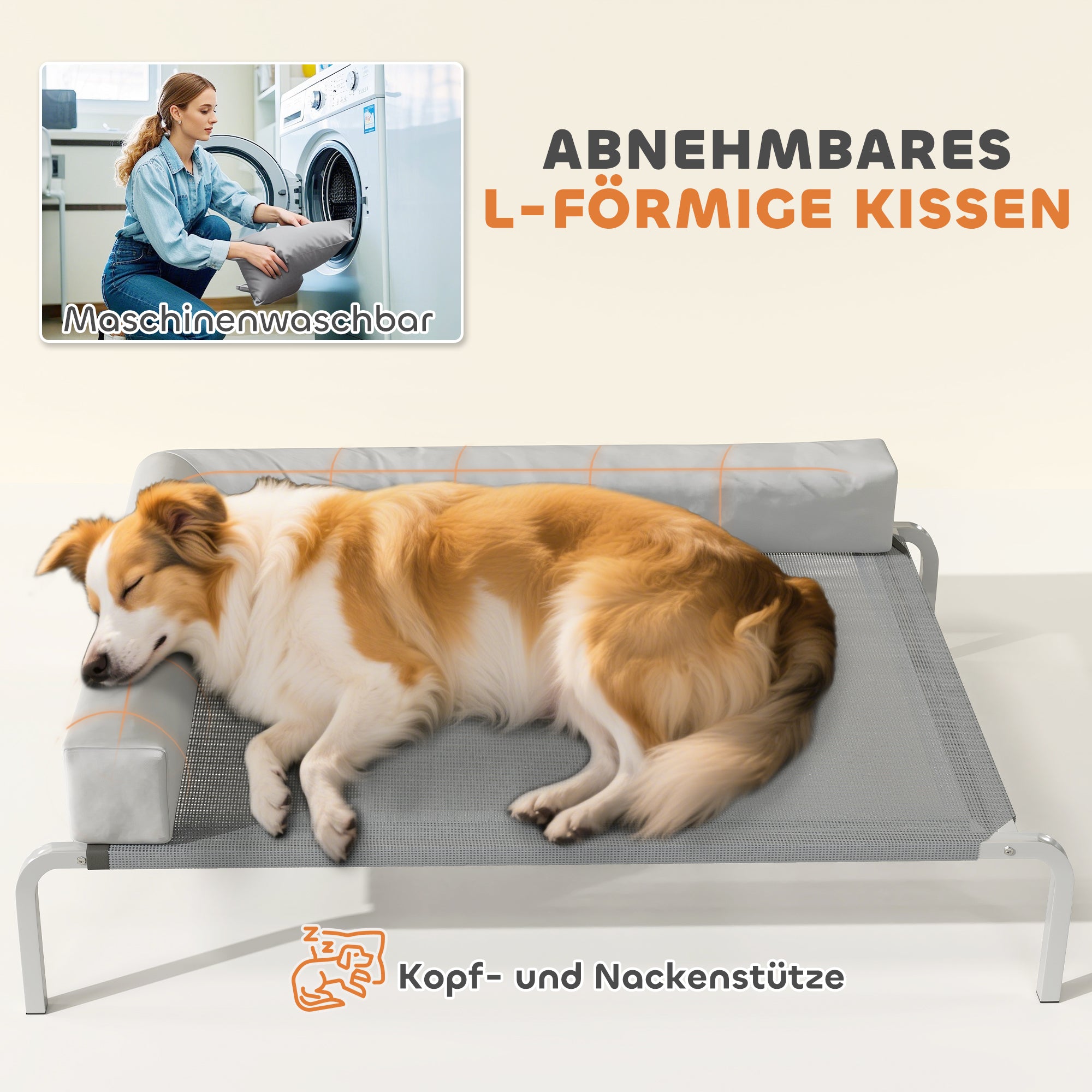 PawHut Hundeliege Outdoor, Erhöhtes Hundebett für Mittelgroße Hunde, mit L-förmige Kissen 110x75x30cm, Hellgrau