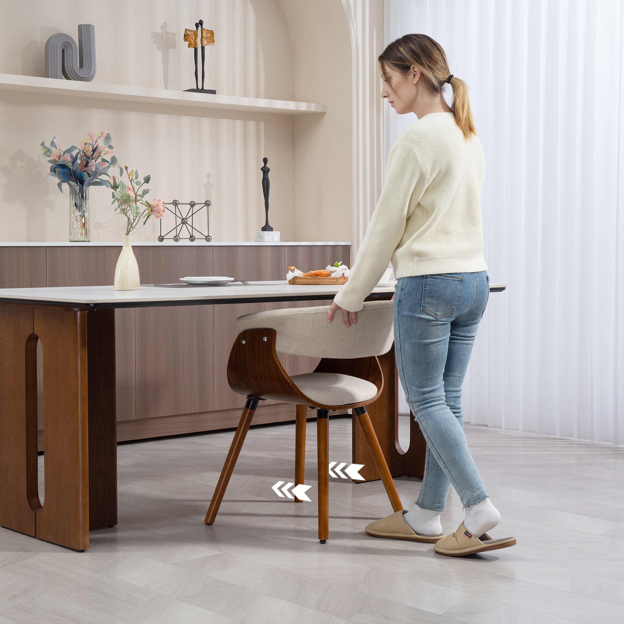 HOMCOM Esszimmerstuhl, Stoff in Leinenoptik, gebogene Rückenlehne, Holzbeine, Beige