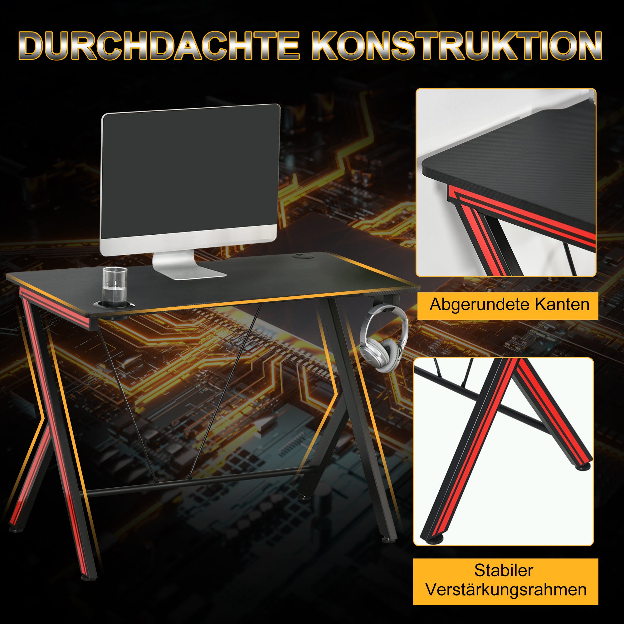 HOMCOM Gaming-Tisch Schreibtisch mit Kopfhörerhaken Getränkehalterung Computertisch Stahl + MDF Schwarz 105 x 55 x 75 cm
