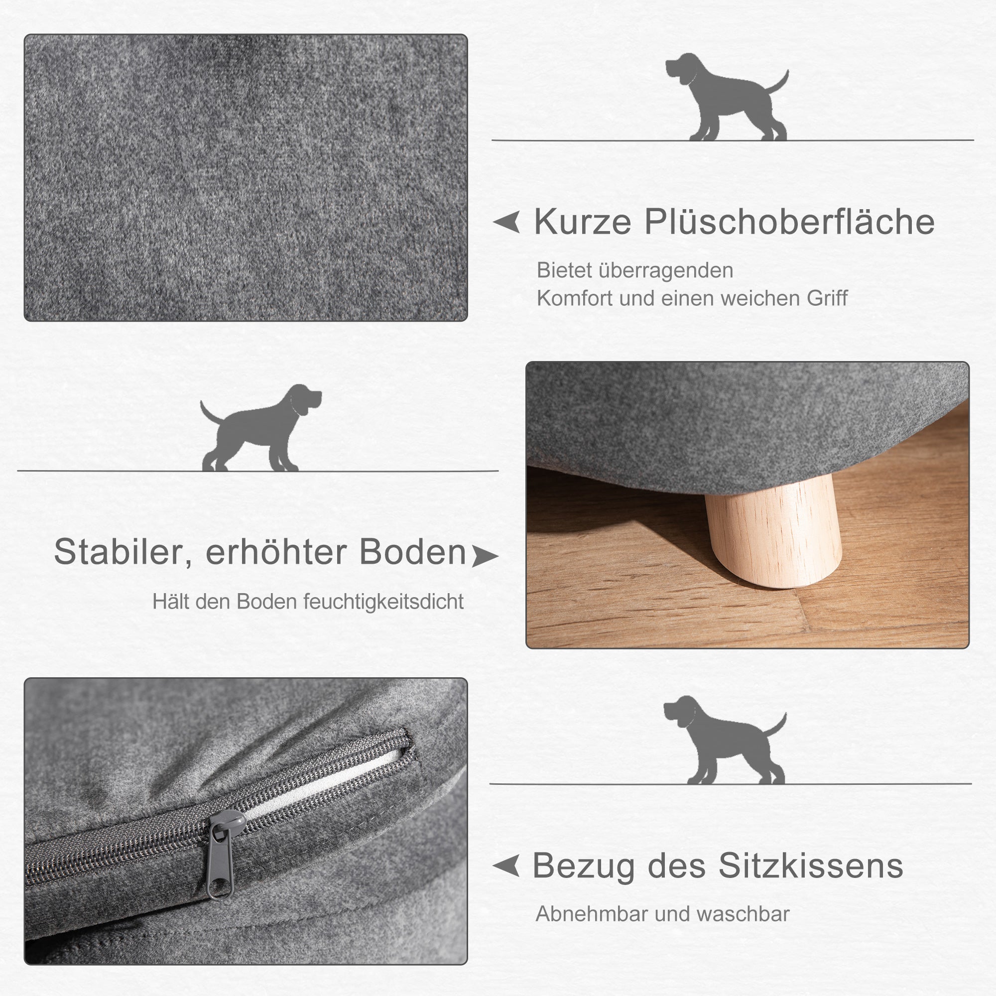 PawHut Haustiersofa Hundematte Hundebett Hundesofa Hundecouch Katzen Sofa mit Kissen Rückentasche Plüsch Schaumstoff Kiefernholz Dunkelgrau 70 x 47 x 30 cm