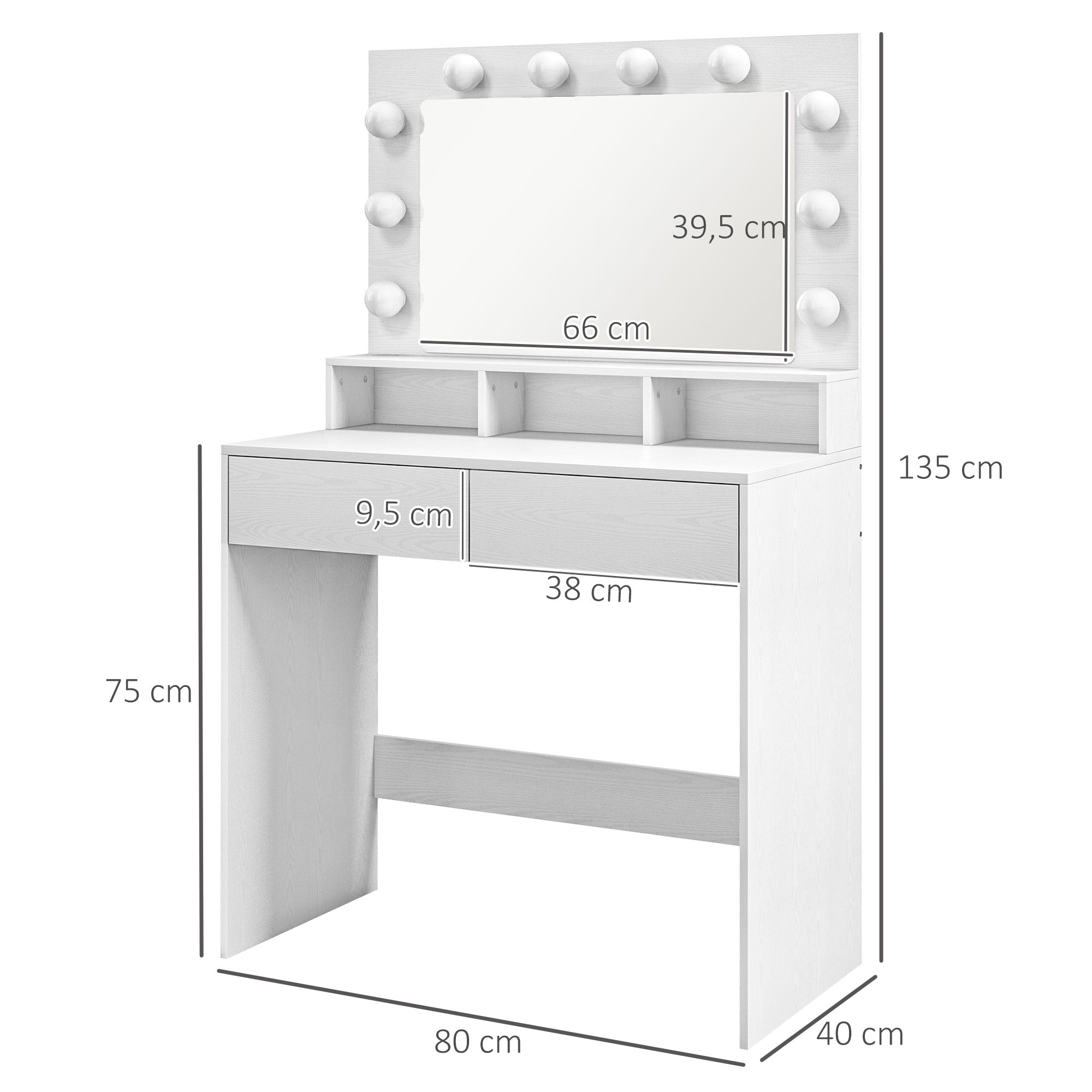 HOMCOM Frisiertisch mit beleuchtetem Spiegel, Schubladen, 3 Lichtoptionen, 10 Glühbirnen, moderner Schminktisch in Weiß