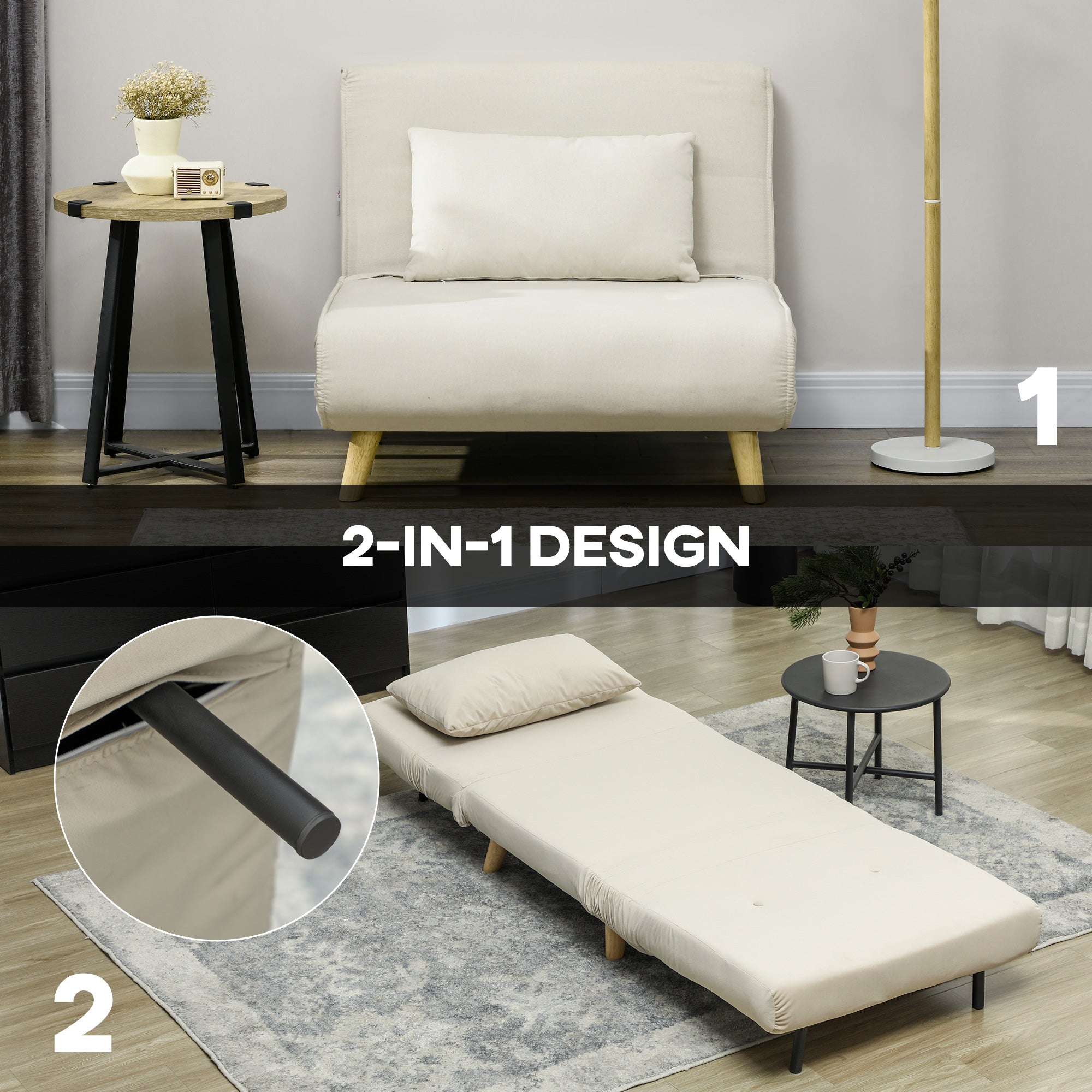 HOMCOM Klappsessel mit Bettfunktion, Klappbarer Relaxsessel in Samtoptik, Verstellbare Lehne, bis 120 kg belastbar, Beige