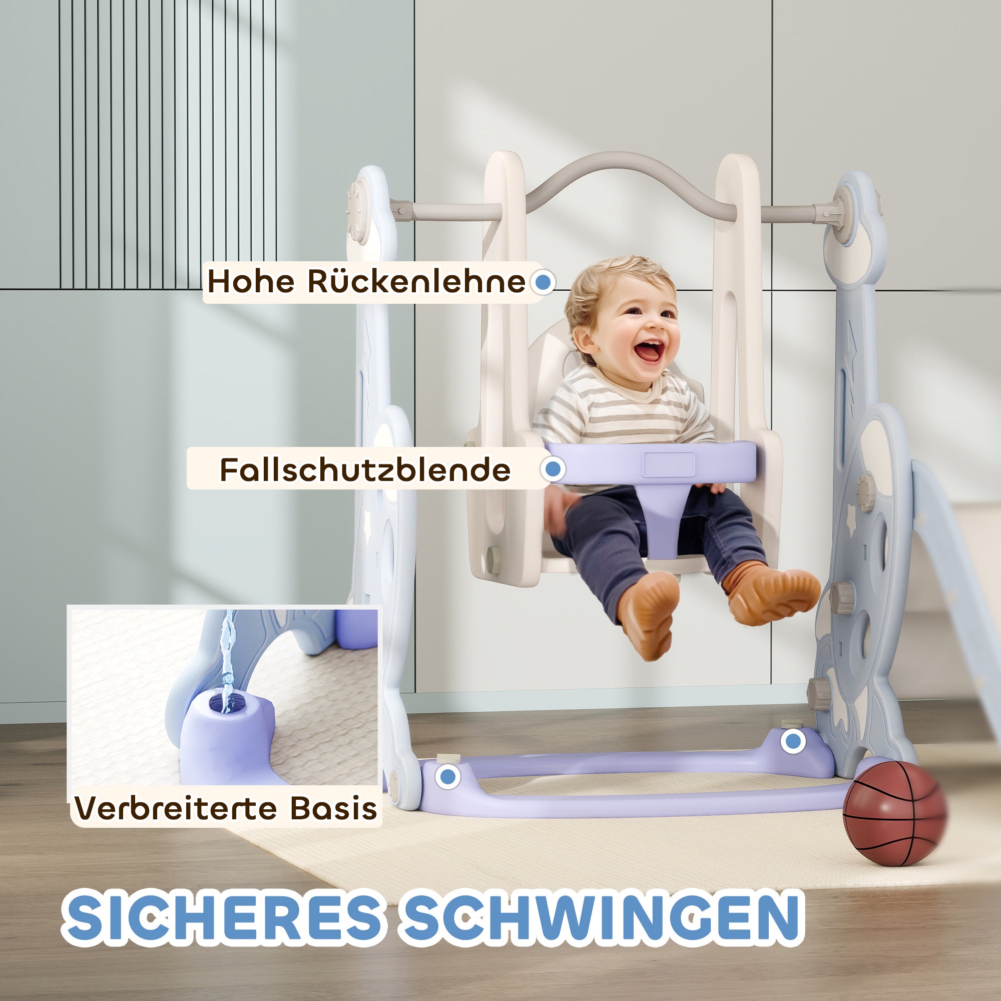 AIYAPLAY 4-in-1 Indoor-Spielplatz, Rutsch- und Schaukelset für Kleinkinder, Basketballkorb, Raketendesign, Kunststoff, Hellblau