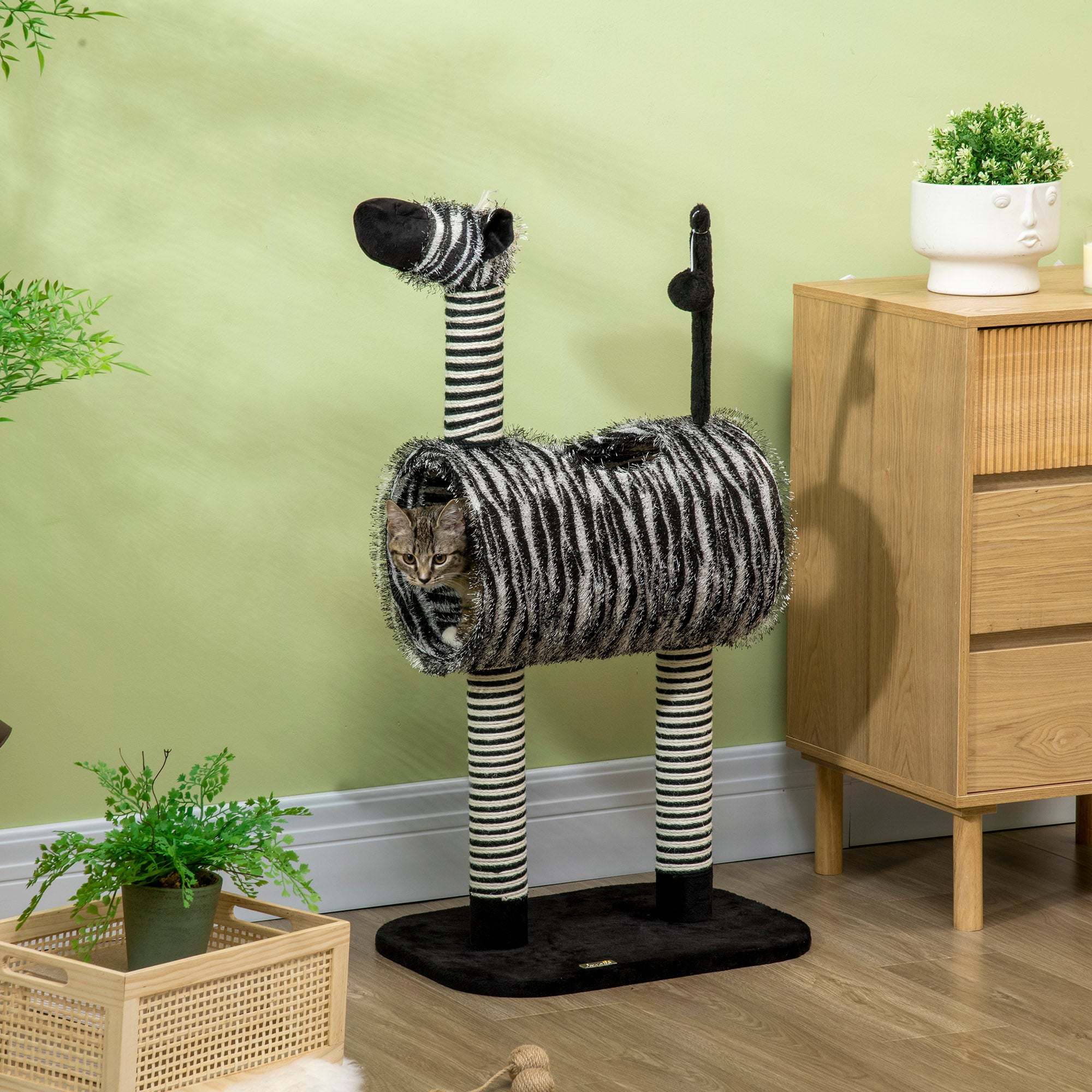 PawHut Kratzbaum im Zebra-Design, 1 Katzentunnel, 3 Kratzstämme 48,5 cm x 35 cm x 93 cm, Schwarz + Weiß