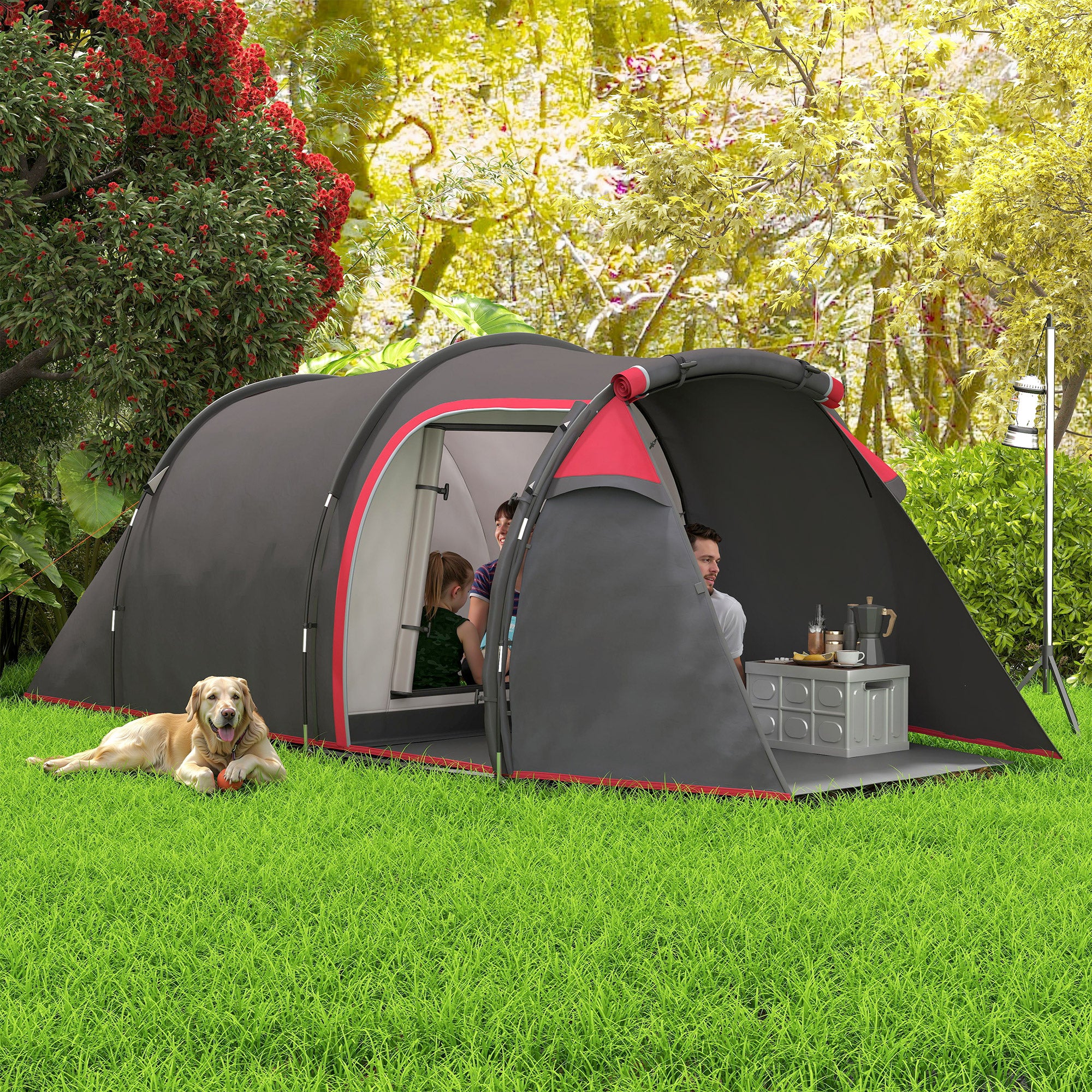 Outsunny Campingzelt, Wurfzelt für 2-3 Personen, Vorraum & Schlafbereich, wasserdicht, 426 x 206 x 154 cm, Grau