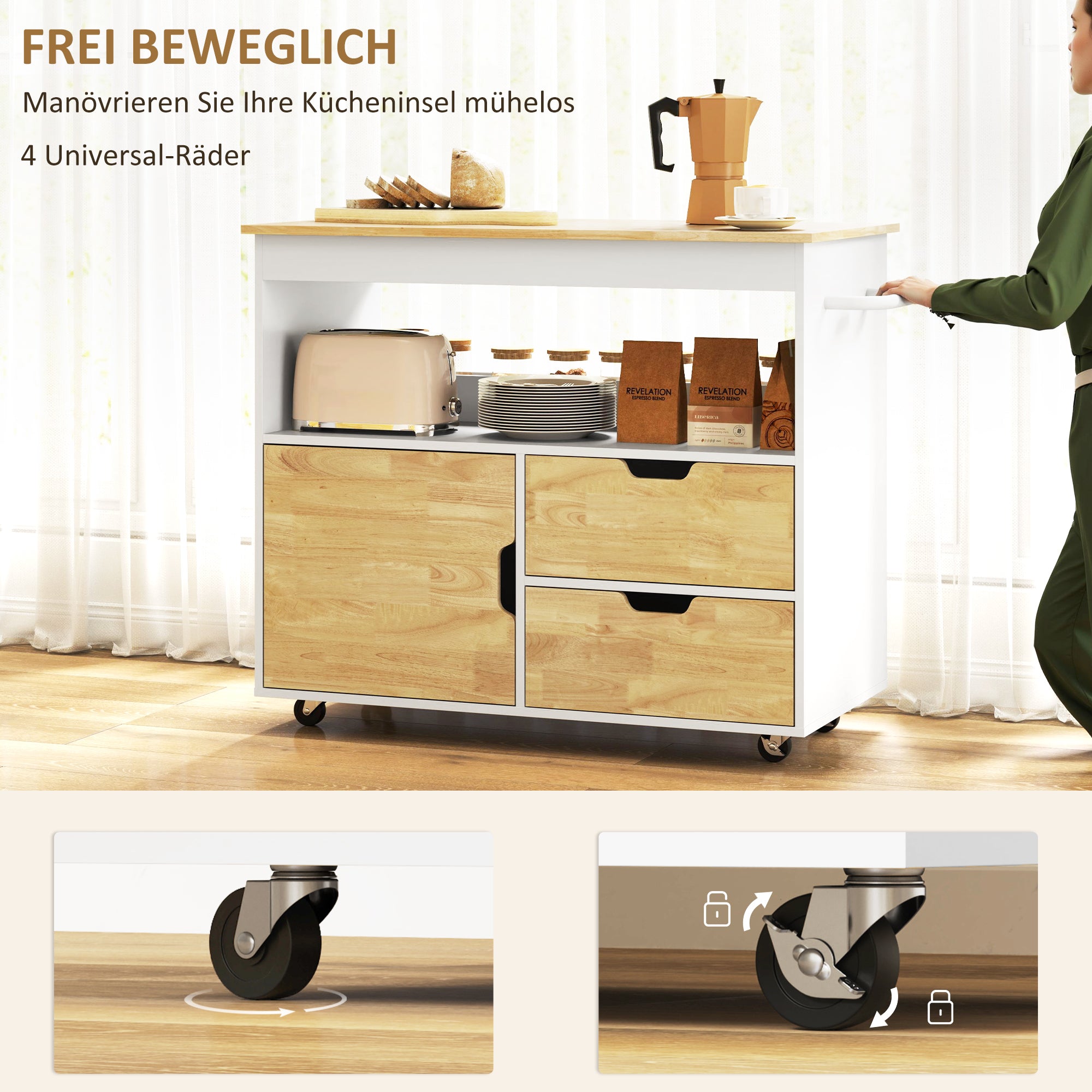 HOMCOM Küchenwagen, Rollbare Kücheninsel, Küchen-Trolley mit Fächern, Schrank und Arbeitsfläche, Weiß
