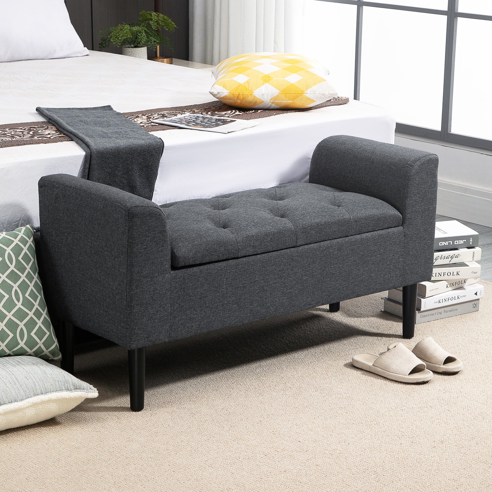 HOMCOM Sitzbank mit Stauraum, Polsterbank mit Leinenoptik, Holzbeine, Bettbank belastbar bis 130 kg, für Wohnzimmer Schlafzimmer Flur, 116 x 44 x 58 cm Dunkelgrau