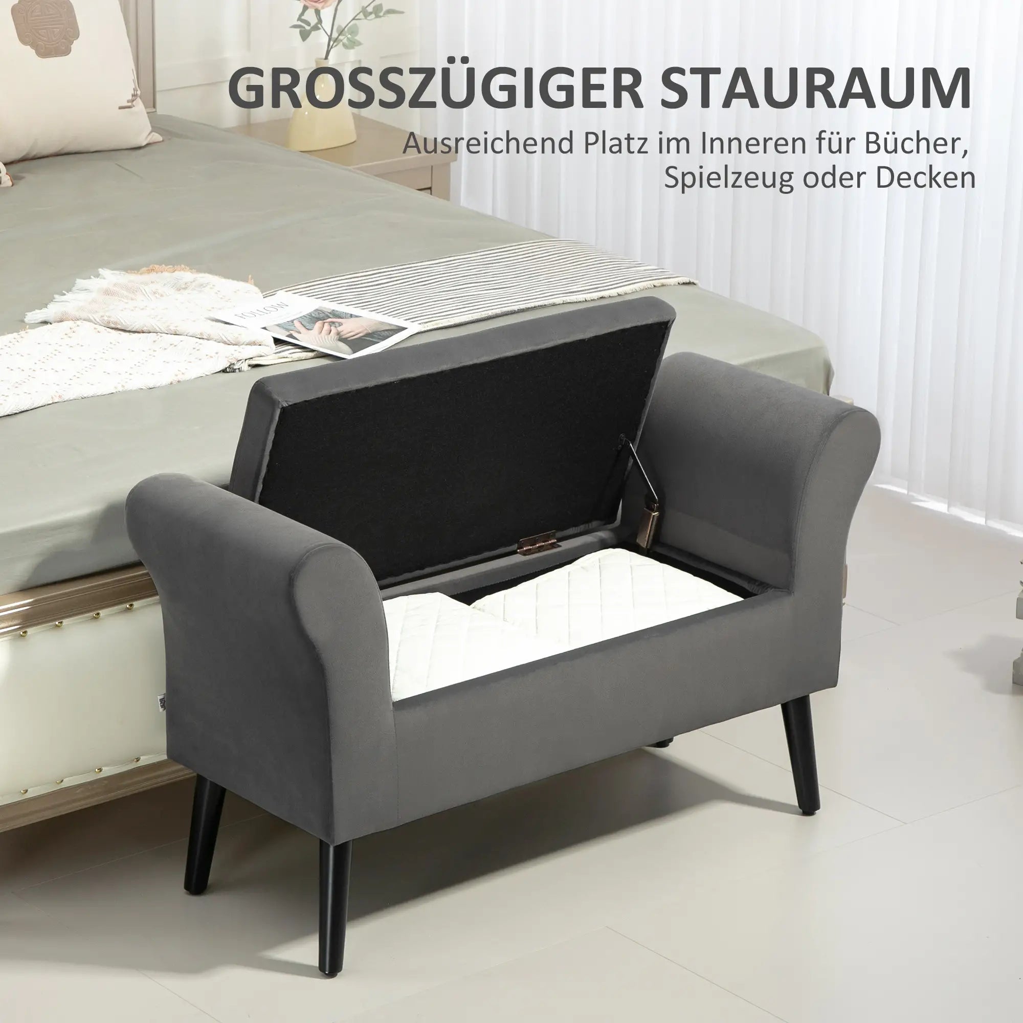 HOMCOM Polsterbank mit Stauraum, Truhenbank mit Armlehnen, 46 cm Sitzhöhe, samtartiges Polyester, 111,5 x 41 x 65 cm, Dunkelgrau