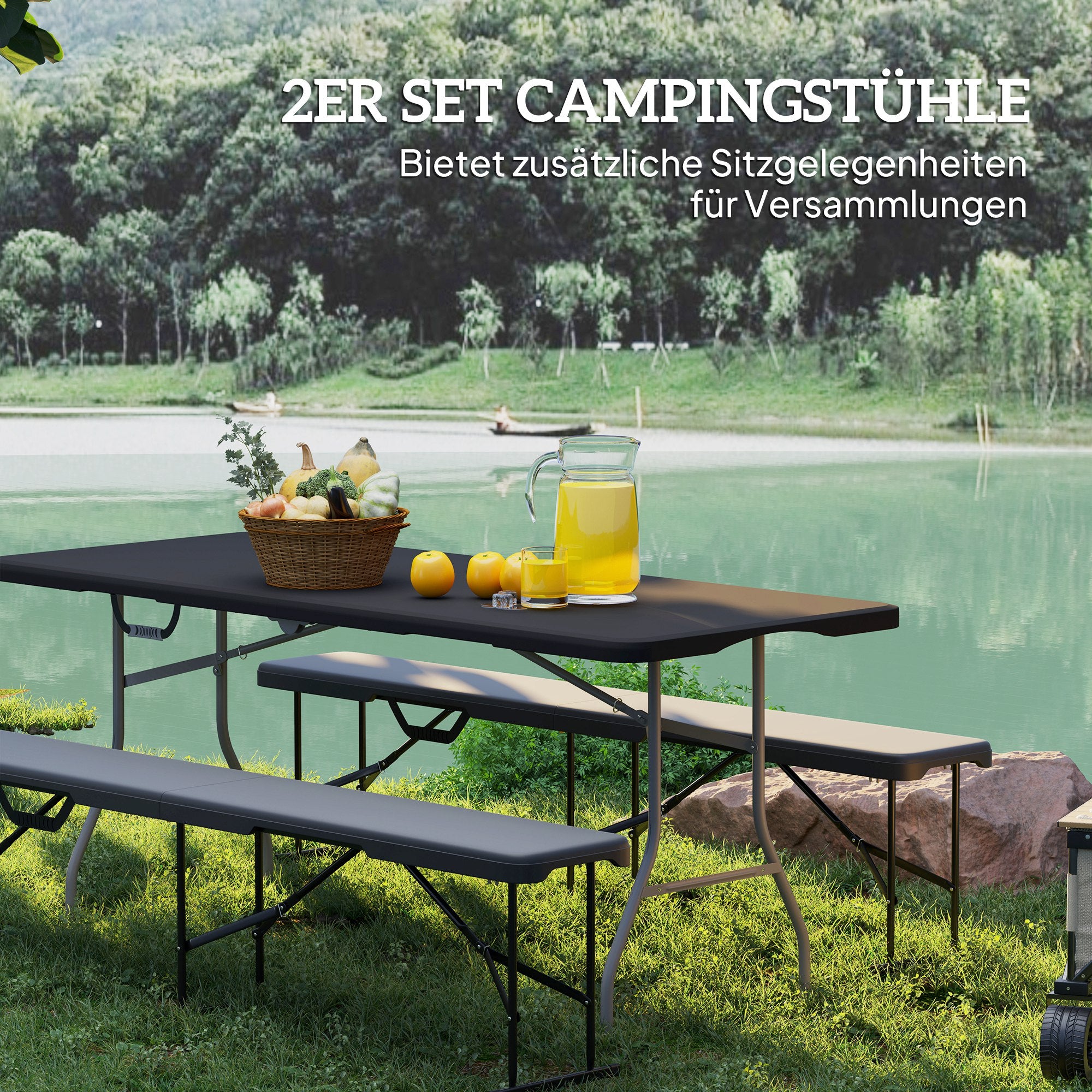 Outsunny Campingbank, Kunststoff-Outdoor-Bank, 240 kg Belastbarkeit, Schwarz