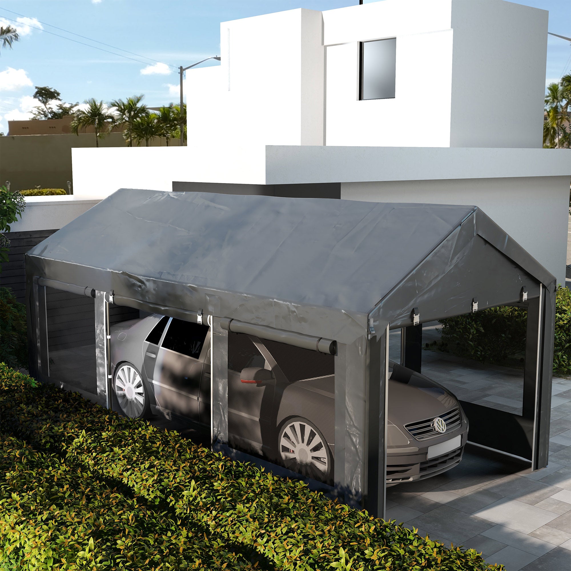 Carport 6x3 m höhenverstellbar mit Netzfenstern, Stahl