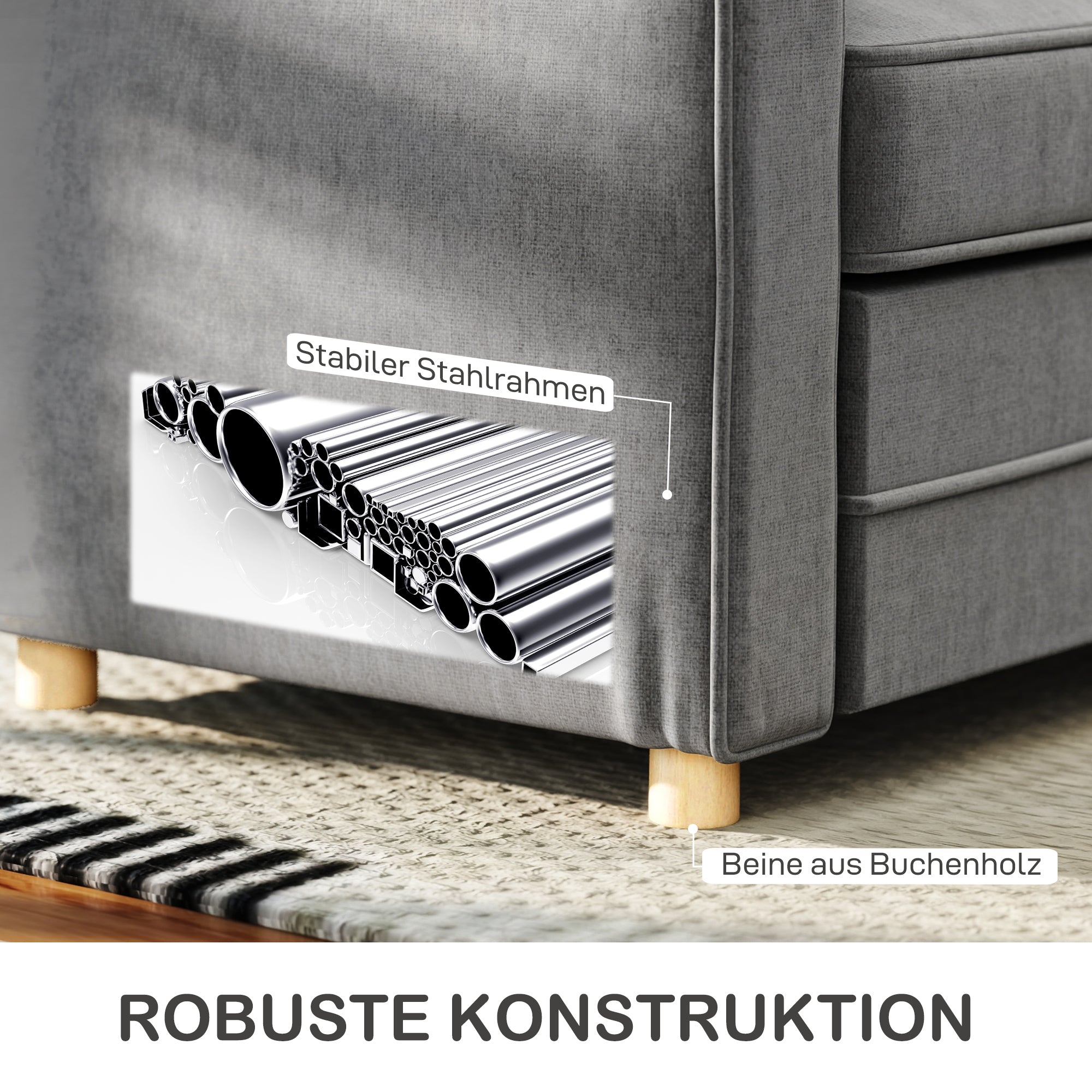 HOMCOM 2-Sitzer-Sofa, Kompakte Wohnzimmercouch, Stoff in Leinenoptik, weiche Sitzkissen, Stahlrahmen, Dunkelgrau