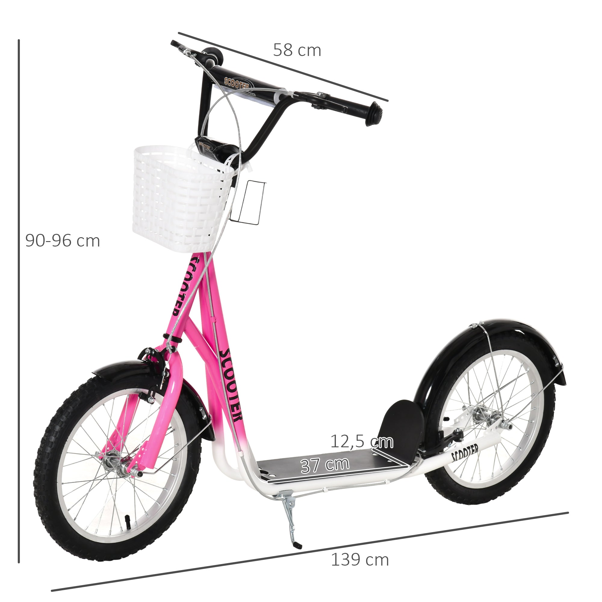 HOMCOM Kinderroller Tretroller mit Bremse, inkl. Korb, höhenverstellbar, für Kinder von 5 bis 12 Jahren, Weiß + Pink