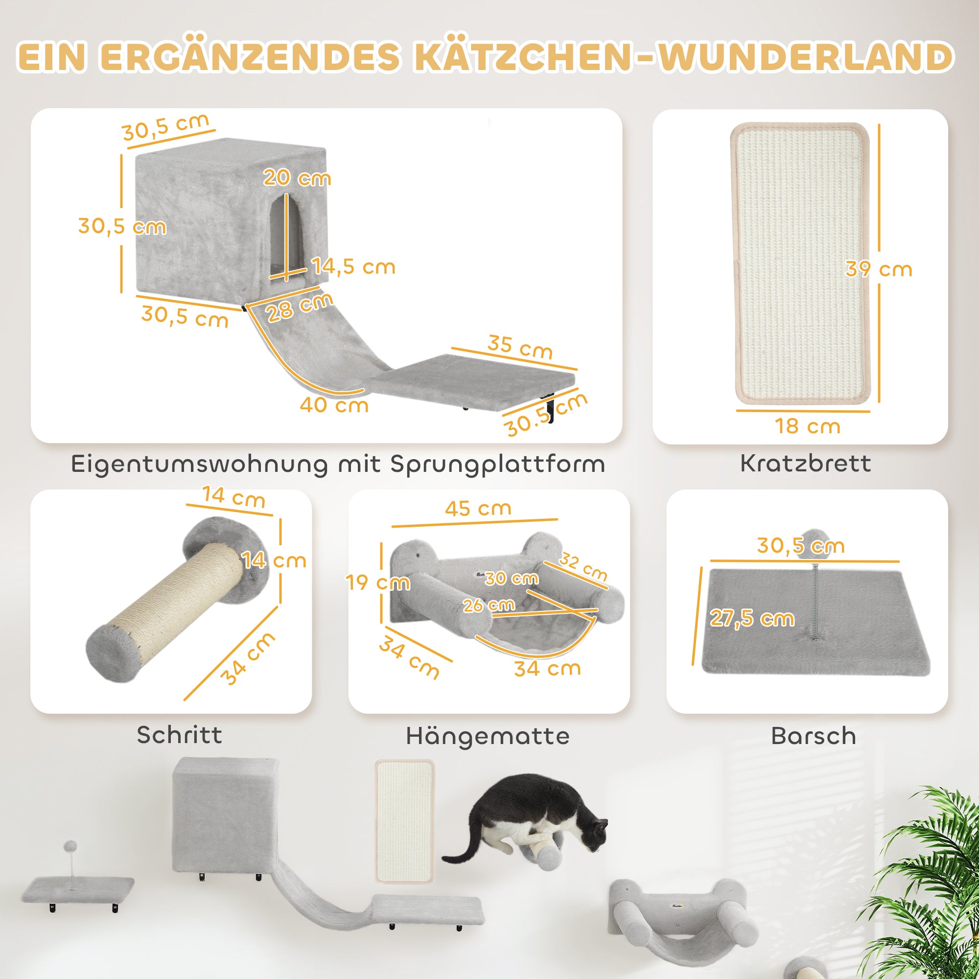 PawHut Kletterwand Katzen 6-teilig Katzen Kletterwand Set mit Katzenhaus, Hängematte, Plattform Kratzbrett Grau