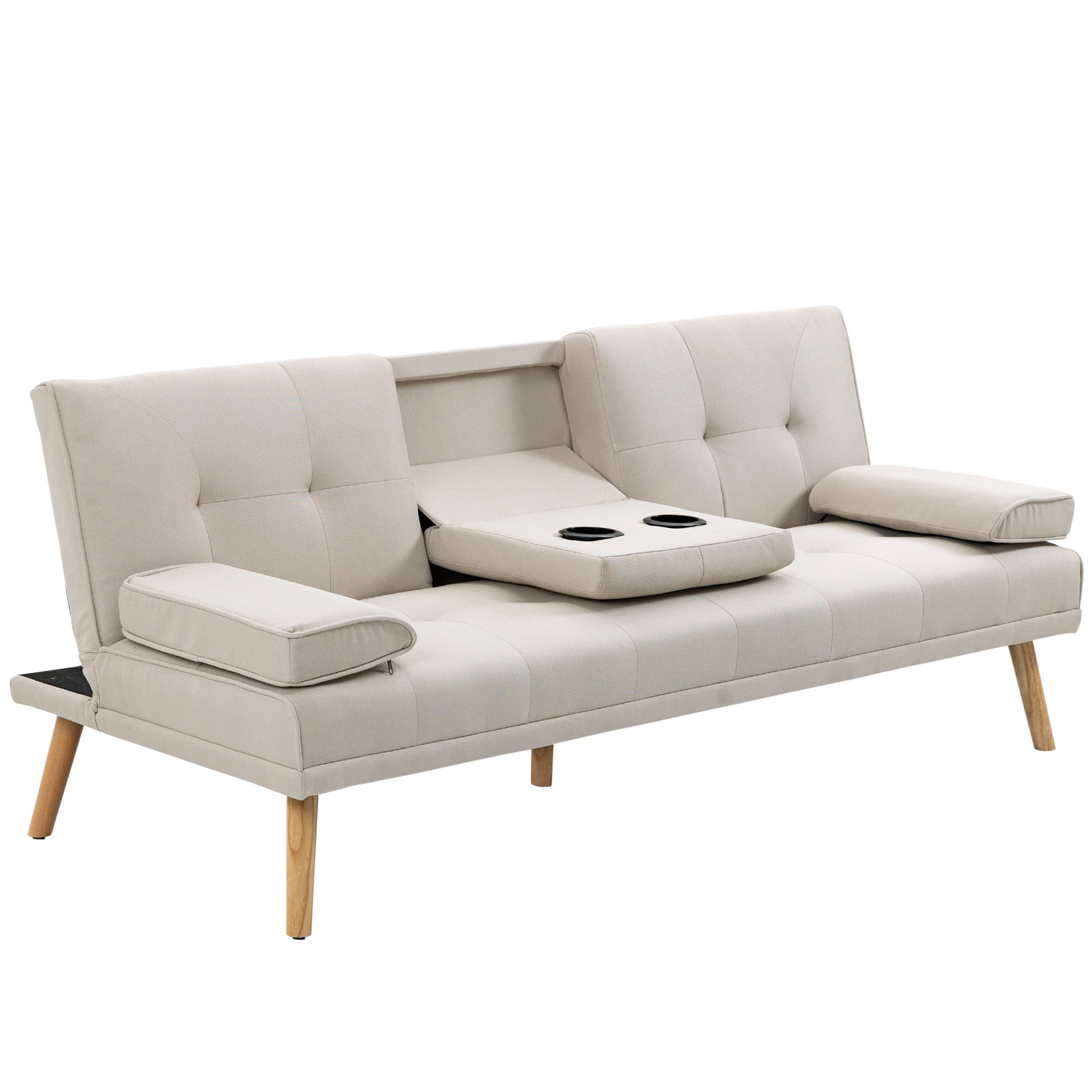 HOMCOM Schlafsofa 3-Sitzer, neigbare Rückenlehne mit Klapptisch, zwei Armpolster, Leinenoptik, beige, 181 x 77 x 78 cm
