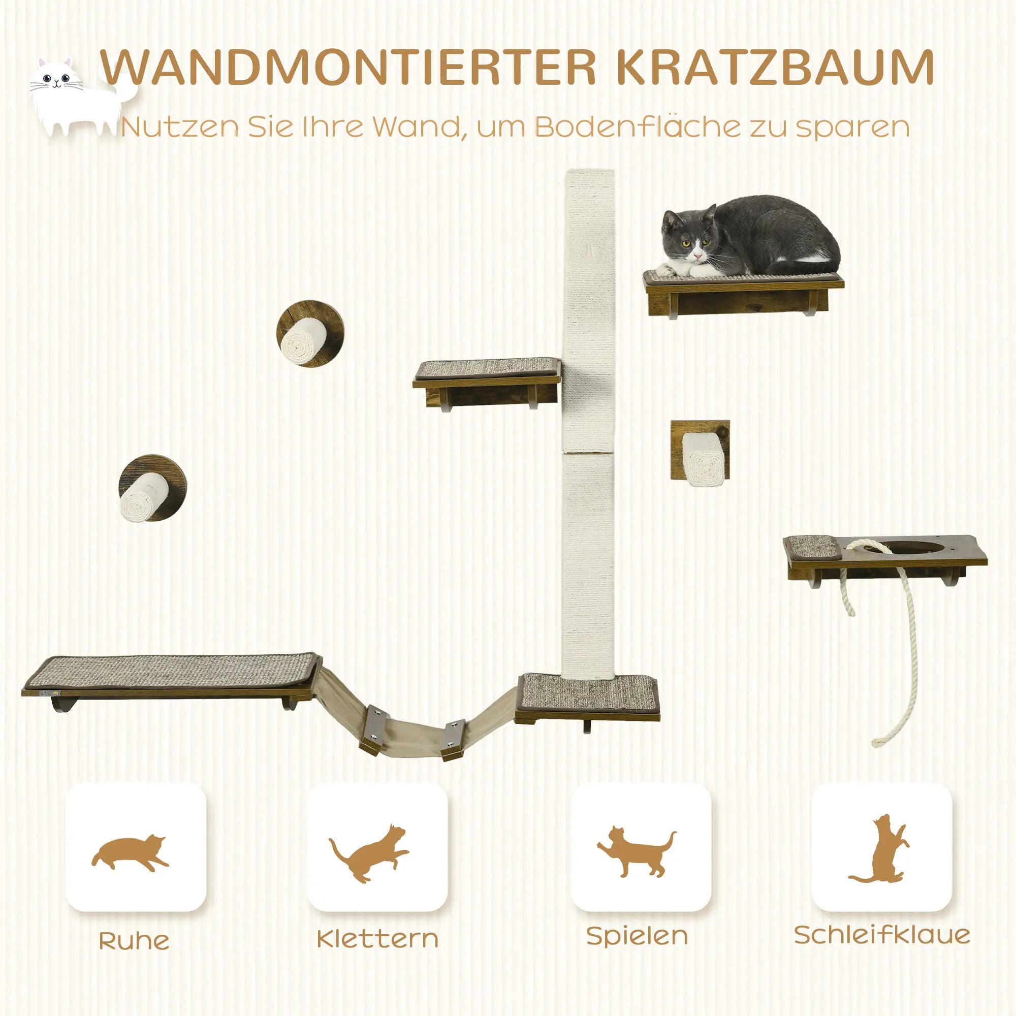 PawHut Katzentreppen-Set, Kletterwand, 8-teilig, bis 8 kg, robust, Braun/Cremeweiß