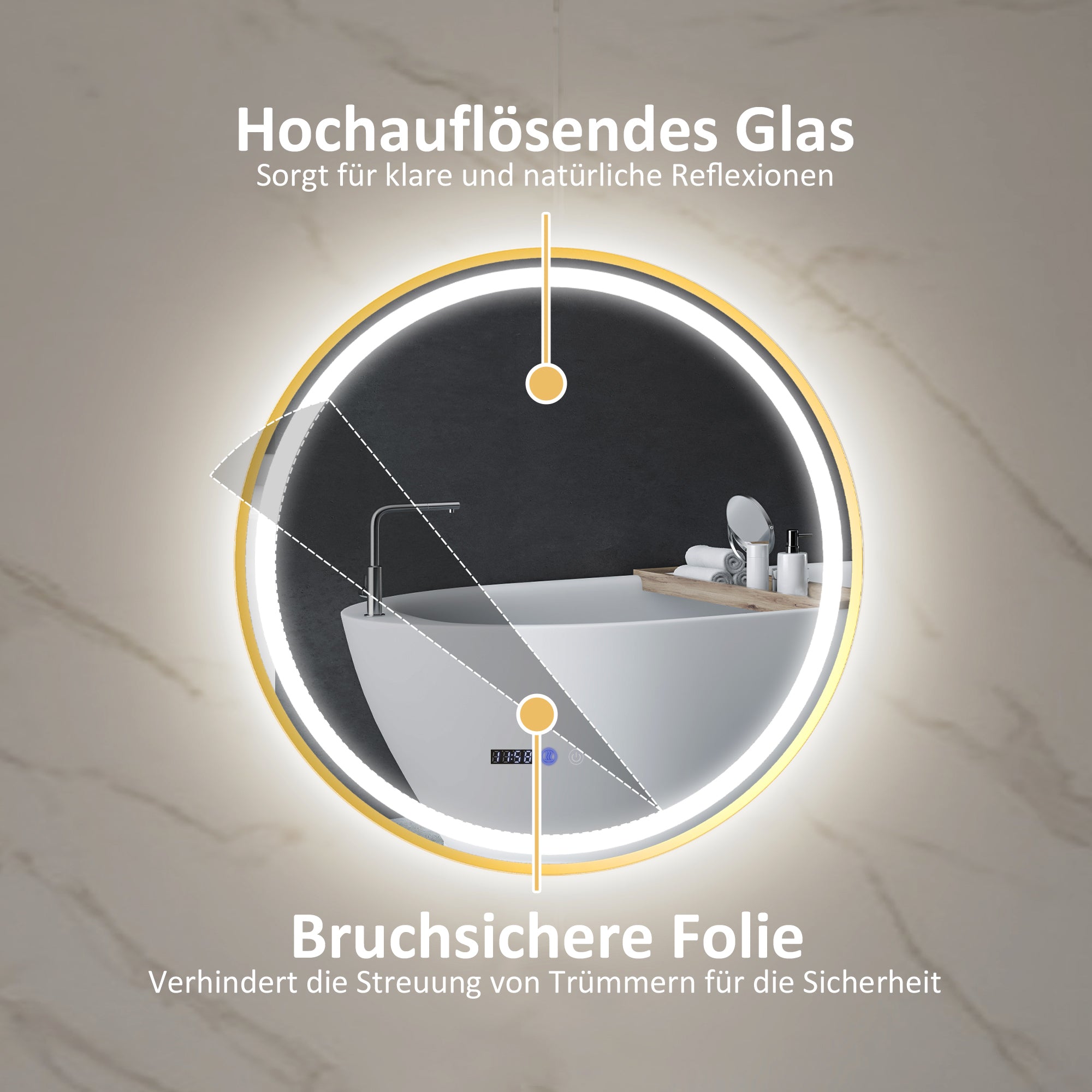 HOMCOM Runder Badezimmerspiegel mit LED-Lichtern, Badspiegel mit Anti-Beschlag-Funktion, Touch-Bedienung, Display