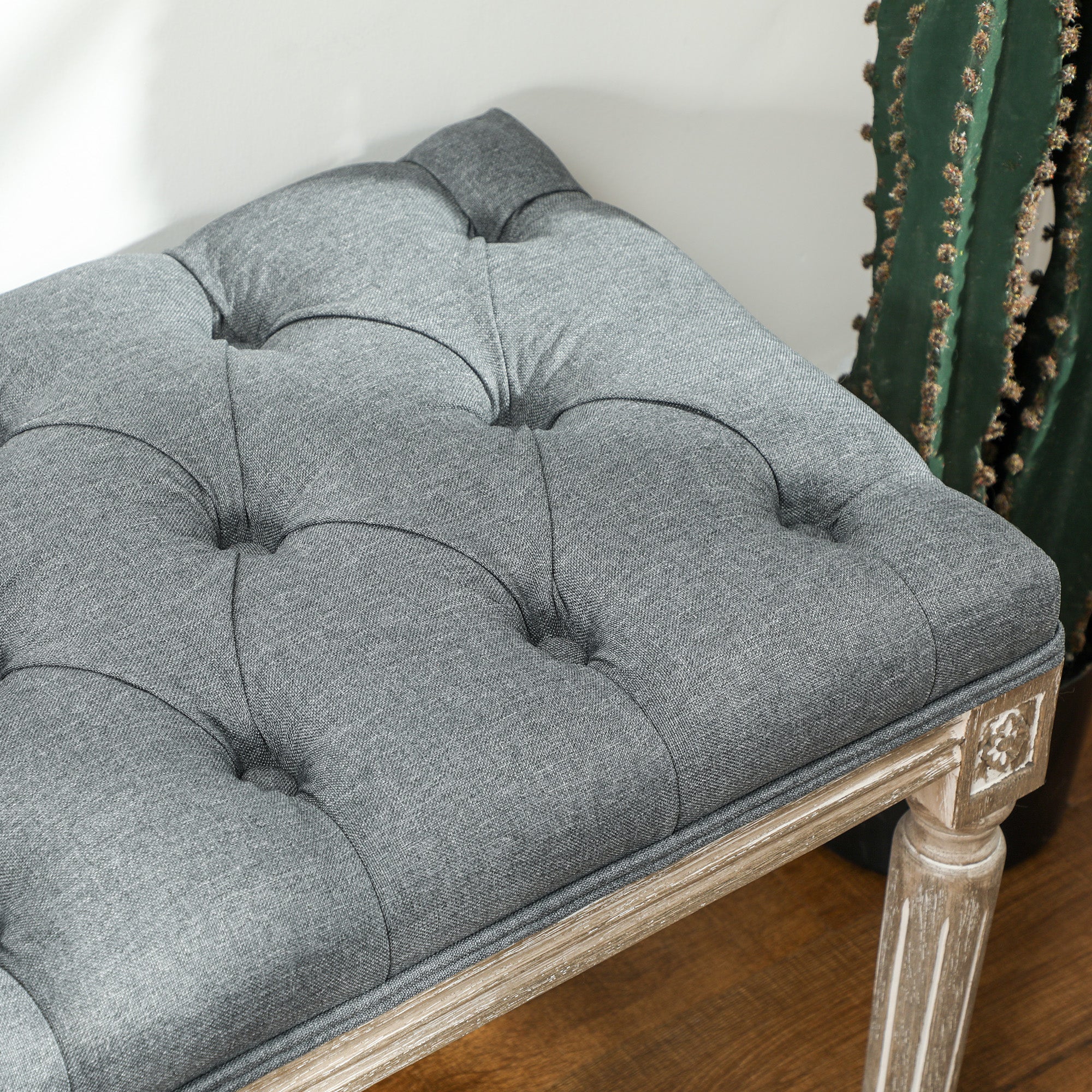 HOMCOM Polsterbank, Sitzbank, Bettbank mit Leinenoptik, Schminkbank für Flur, Diele, Schlafzimmer, Gummiholz, Grau, 81 x 41 x 41 cm