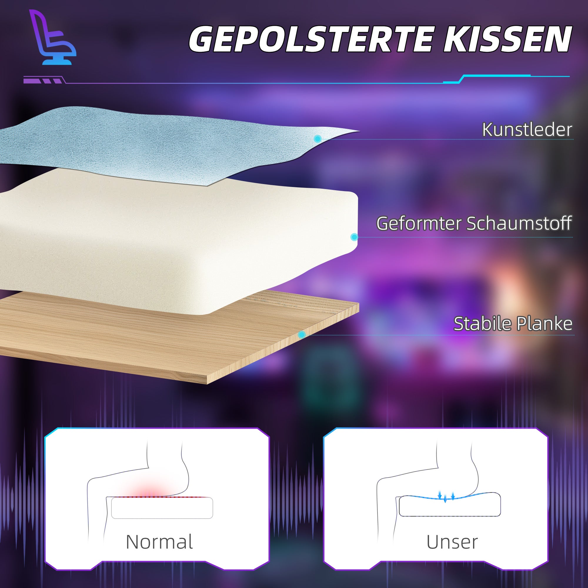 HOMCOM Gaming-Sessel, verstellbare Armlehnen & Rückenlehne, Kunstlederbezug, bis 120 kg, Blau