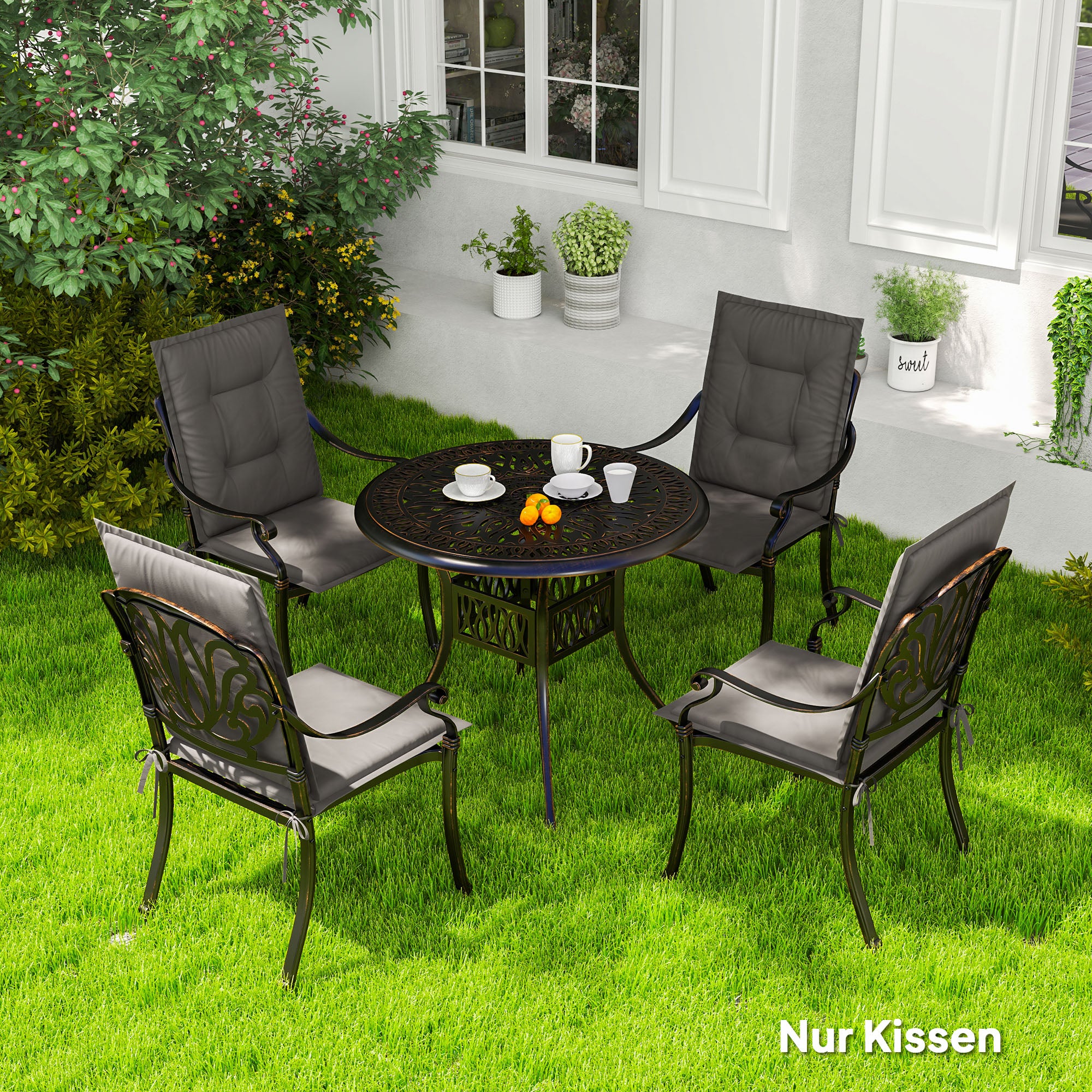 Outsunny 4er Set Sitzkissen 108 x 50 x 5 cm Stuhlkissen mit Bändern, Outdoor Indoor Sitzauflage Dunkelgrau