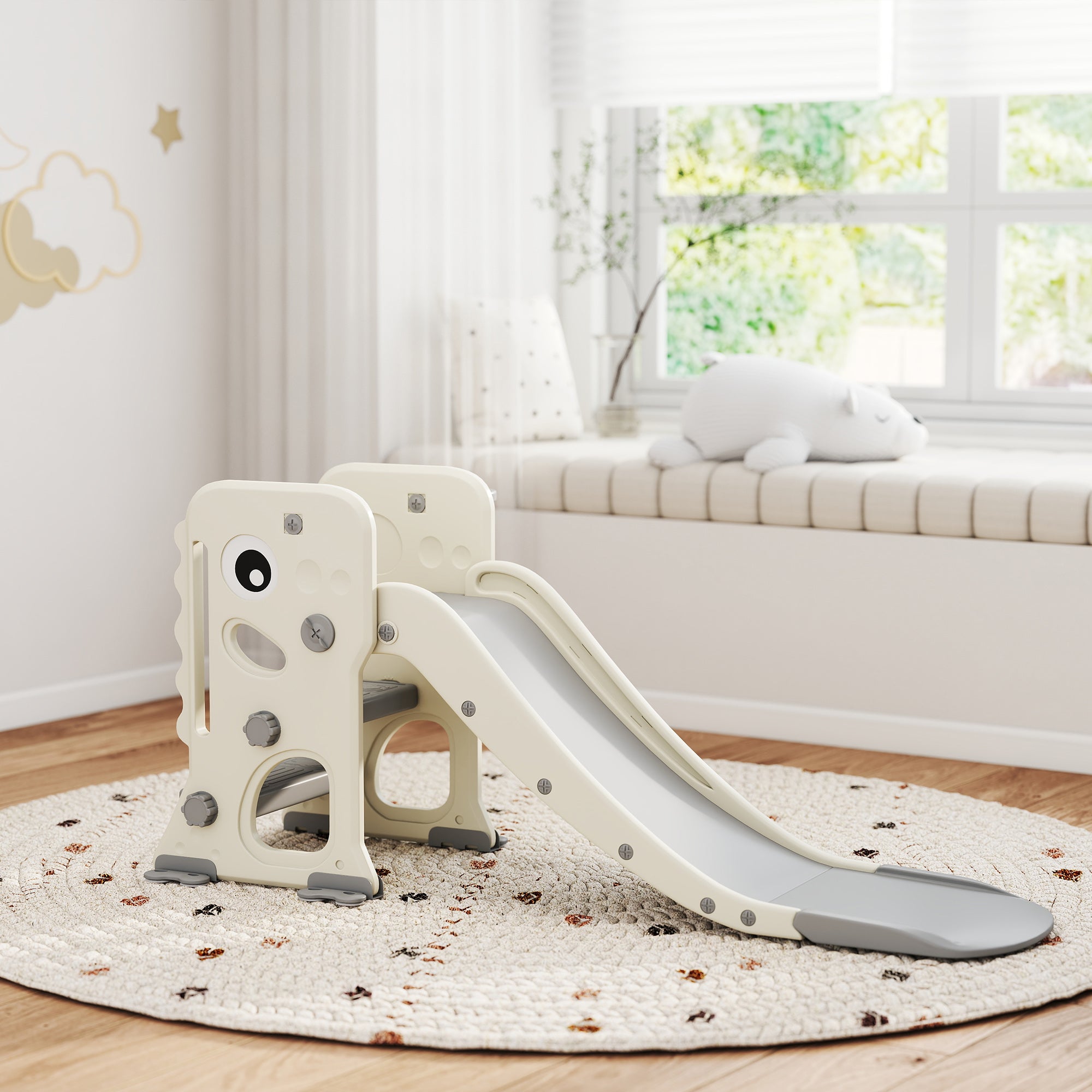 AIYAPLAY 3-in-1-Kinderrutsche mit Klettergerüst, Basketballkorb Ball, faltbare Indoor-Kleinkindrutsche für Kinder 2–5 Jahren