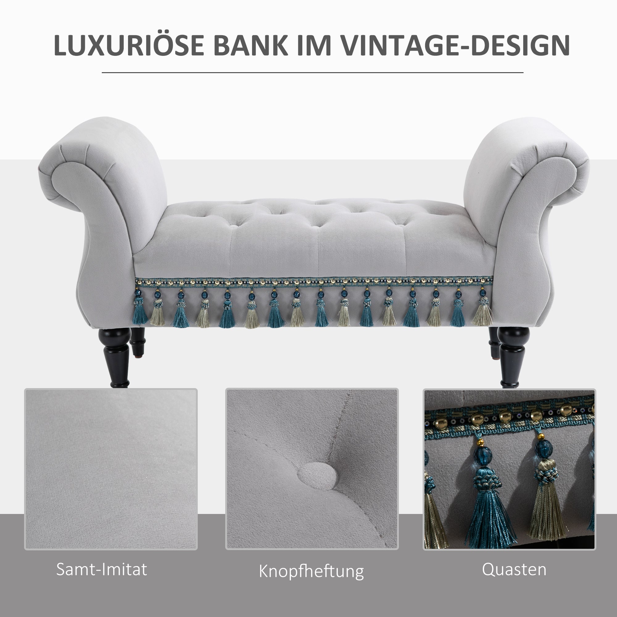 HOMCOM Sitzbank Polsterbank, Samtoptik, Luxus Bettbank mit Holzbeine, Flurbank für Schlafzimmer, bis 150 kg Belastbar, Hellgrau, 117 x 40 x 58 cm