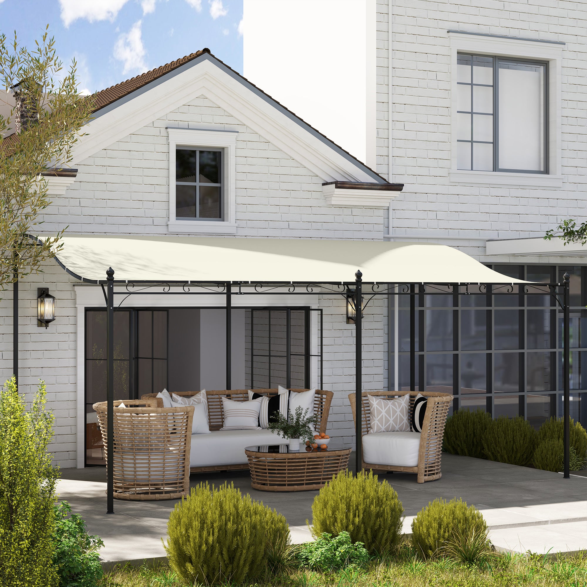 Outsunny 3 x 5 m Pergola, Flexibles Gartendach mit wasserfester Plane und Metallrahmen, Schattenspender, Cremeweiß