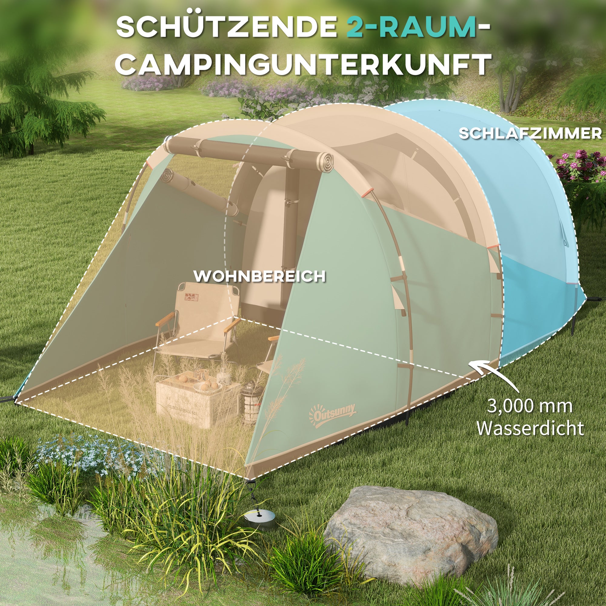 Outsunny Campingzelt für 4-5 Personen, separate Wohn- & Schlafräume, 460L x 260B x 190H cm, Blau