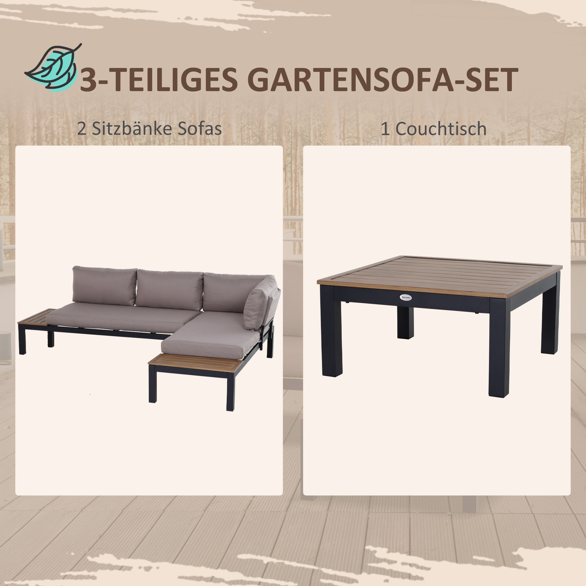Outsunny Gartenmöbel-Set für 3 Personen mit Beistelltisch, Sofa mit Kissen, Outdoor, Aluminium, 164 x 74 x 69 cm