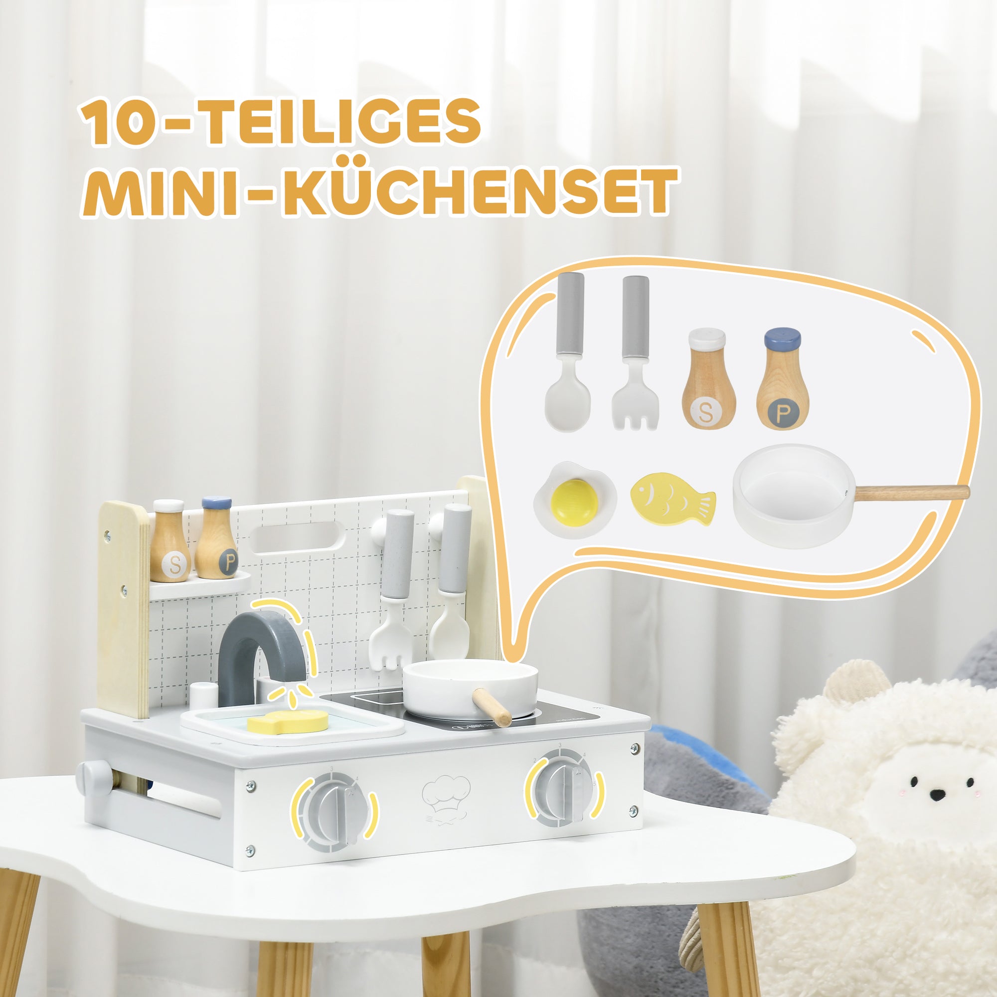 AIYAPLAY Kinderküchen-Set, 10-teilig, mit Gewürzflaschen, Topf, Ei, Fisch, 36x21,5x25 cm, Grau/Gelb