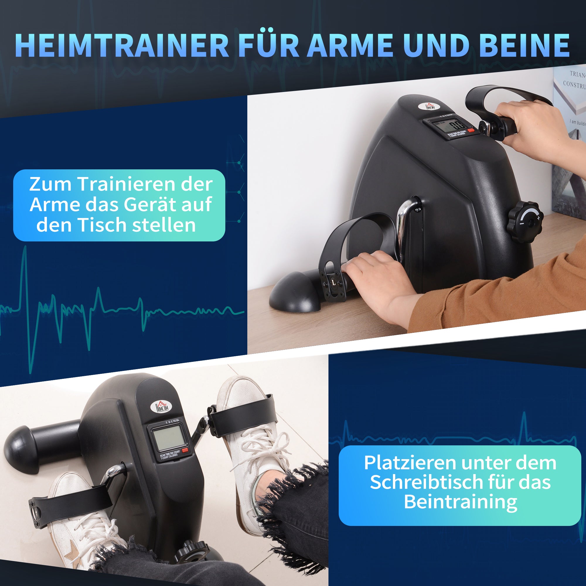 HOMCOM Mini Heimtrainer Fitnessbike Pedaltrainer mit LCD-Display verstellbarer Widerstand Arm und Beintrainer Hometrainer Fitnessgerät für Senioren Zuhause Heim Büro 35 x 40 x 31 cm Schwarz