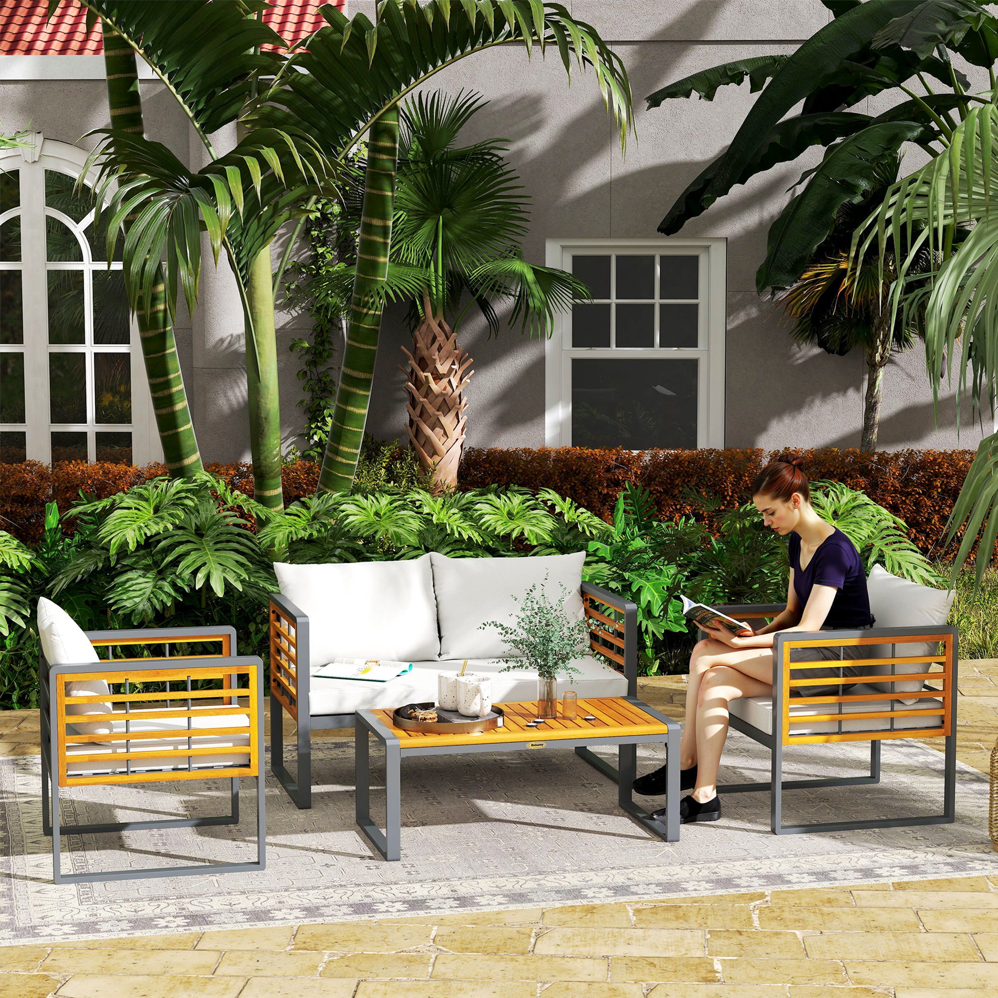 Outsunny 4-teiliges Gartenmöbel-Set, 2 Sessel, 1 Sofa, 1 Kaffeetisch, Sitzkissen, Akazienholz, Stahlgestell, Grau+Beige