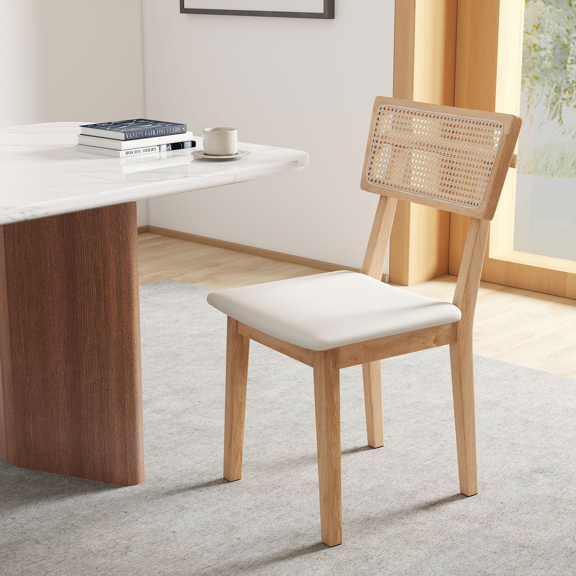 HOMCOM Esszimmerstuhl, Rattan-Rückenlehne, Kunstleder-Sitz, Kautschukholz, Naturholz