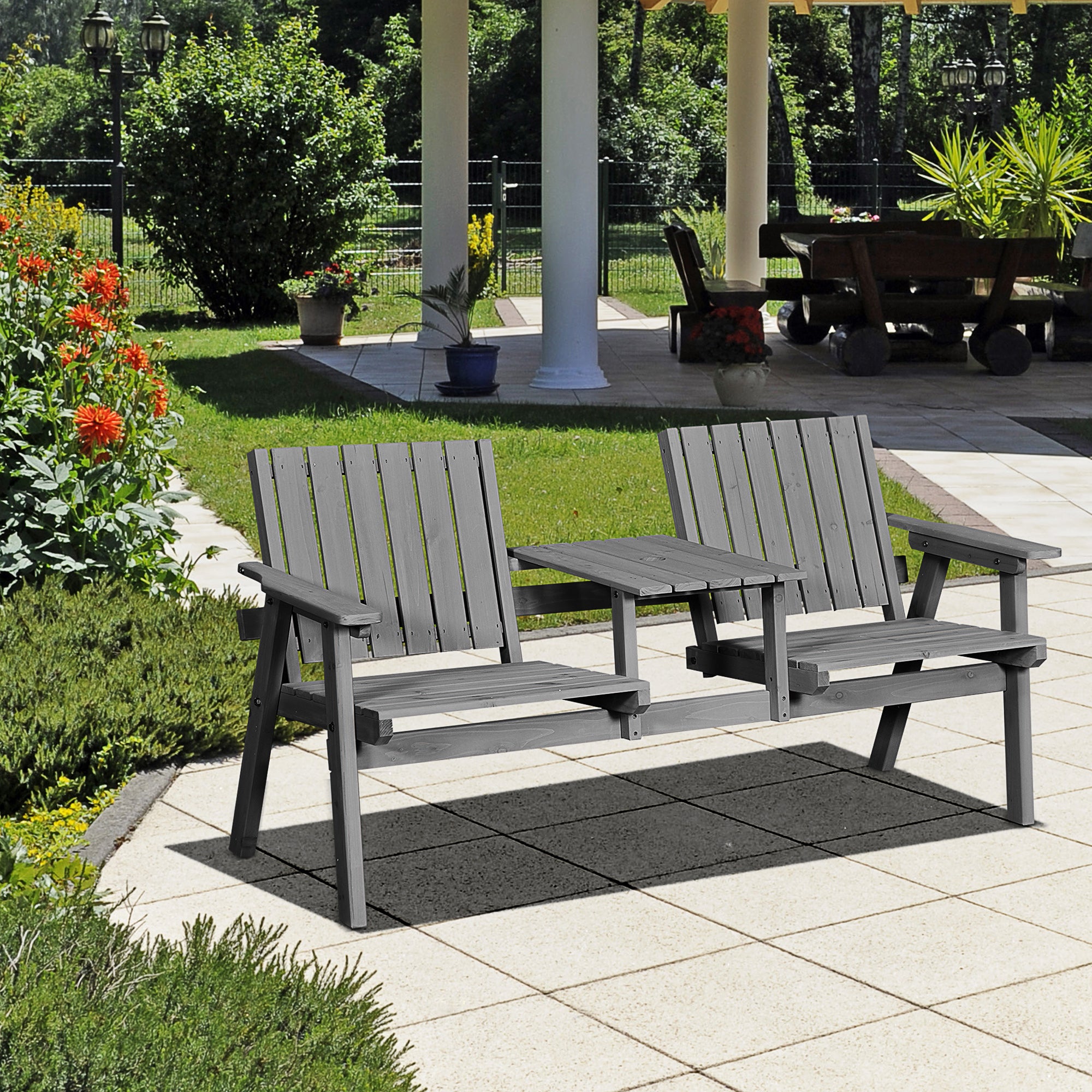 Outsunny Gartenbank mit Tisch Regenschirmloch 2-Sitzer Massivholz