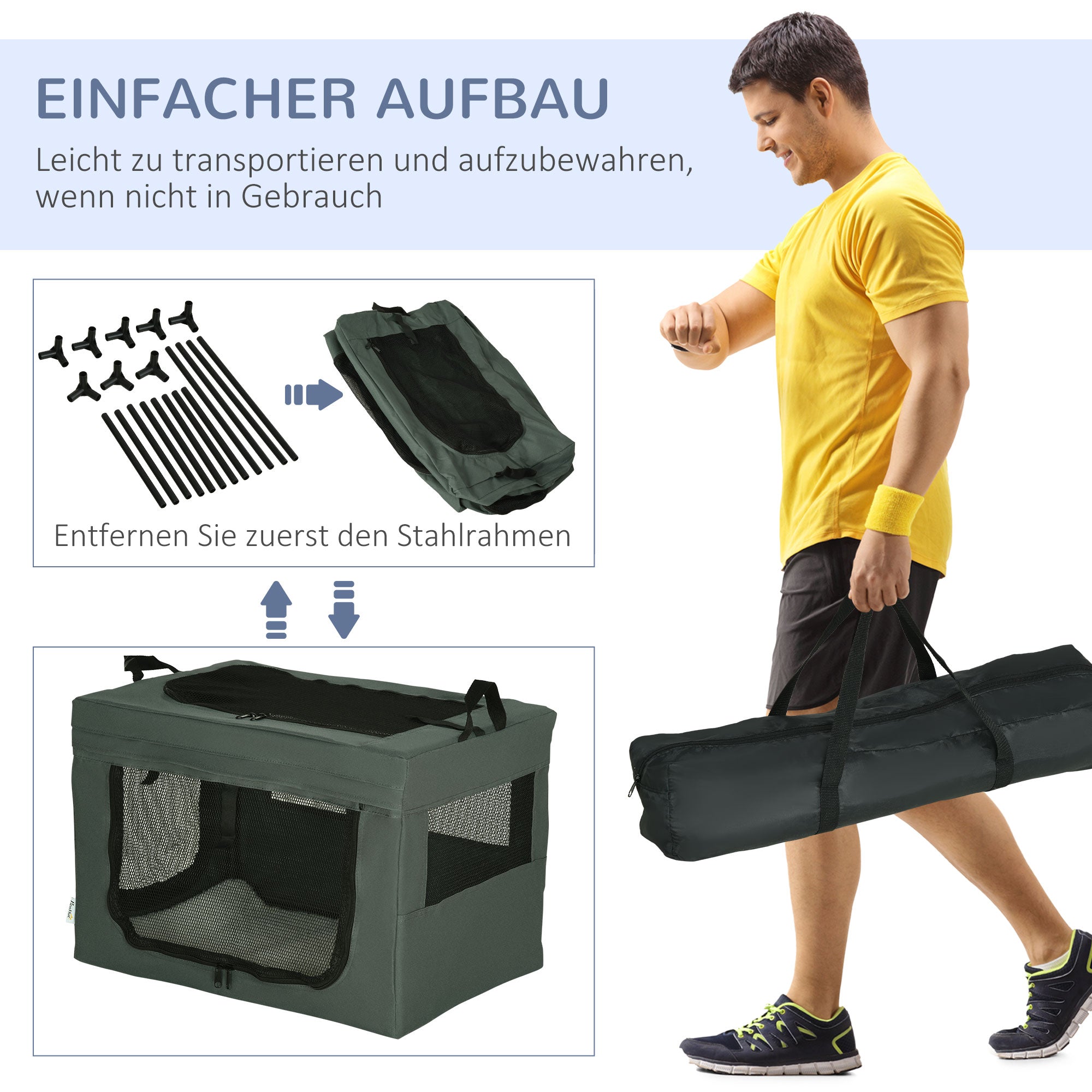 PawHut Transportbox, faltbar, 3 Eingänge, Innenkissen, für Hunde und Katzen bis 4 kg/40 cm, grau