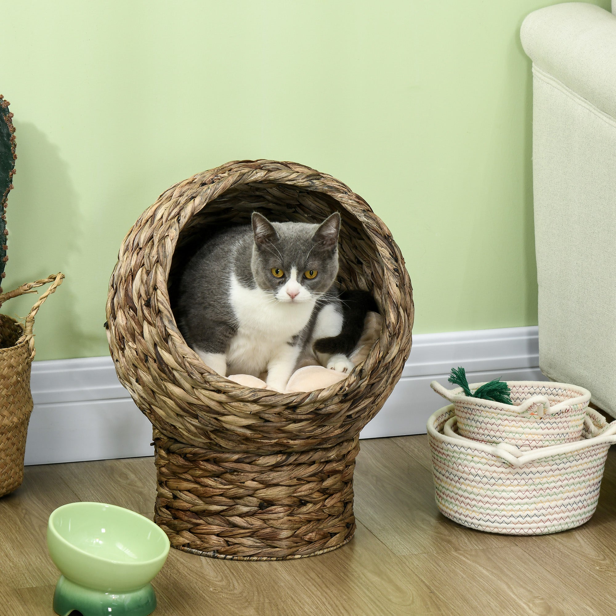 PawHut Rattan Katzenkorb Katzenhöhle Katzenhütte Katzenbett mit Kissen Haustierbett Wasserhyazinthe Kaffee 42 x 33 x 52 cm